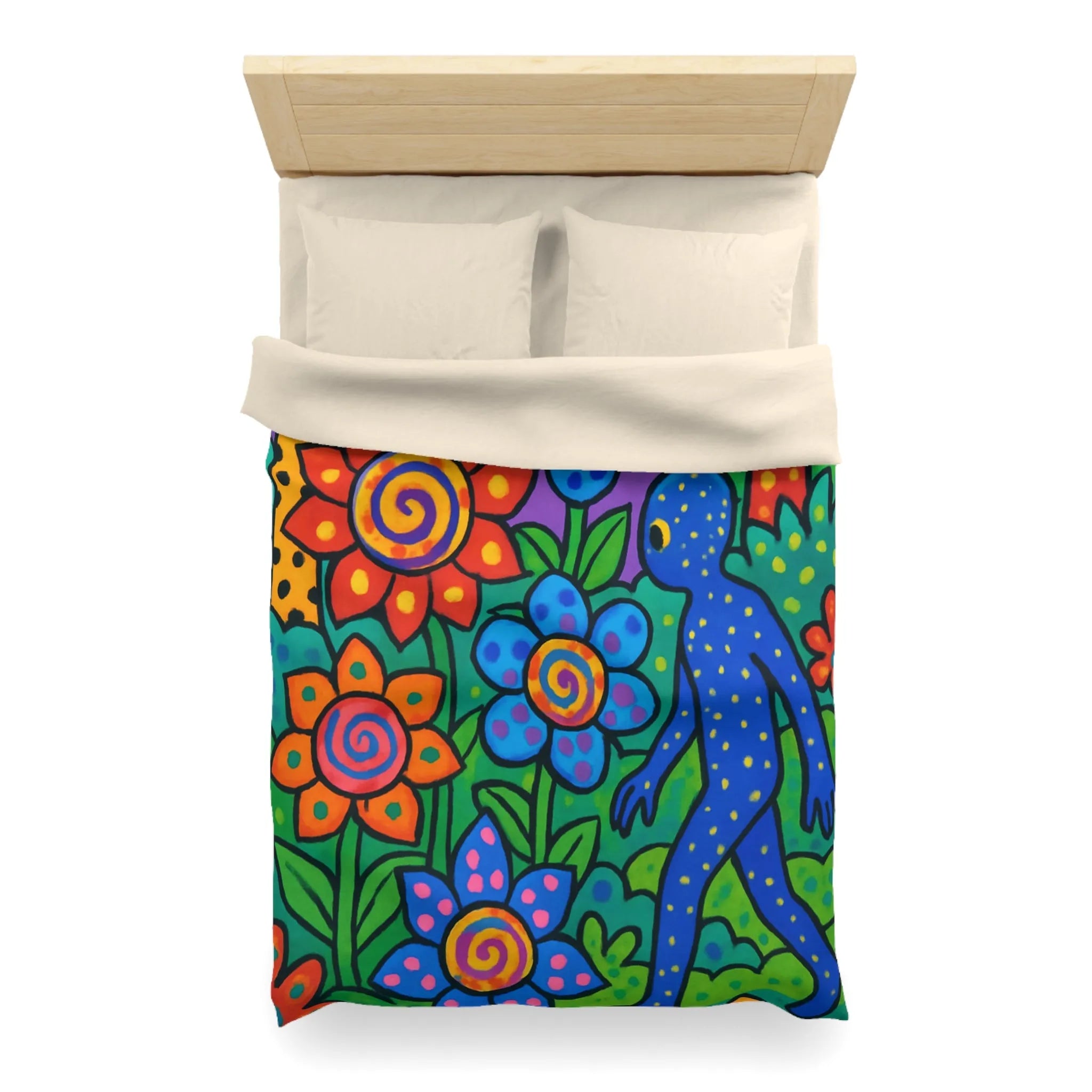 Housse de couette joyeuse avec motifs floraux et créature colorée en jungle vibrante