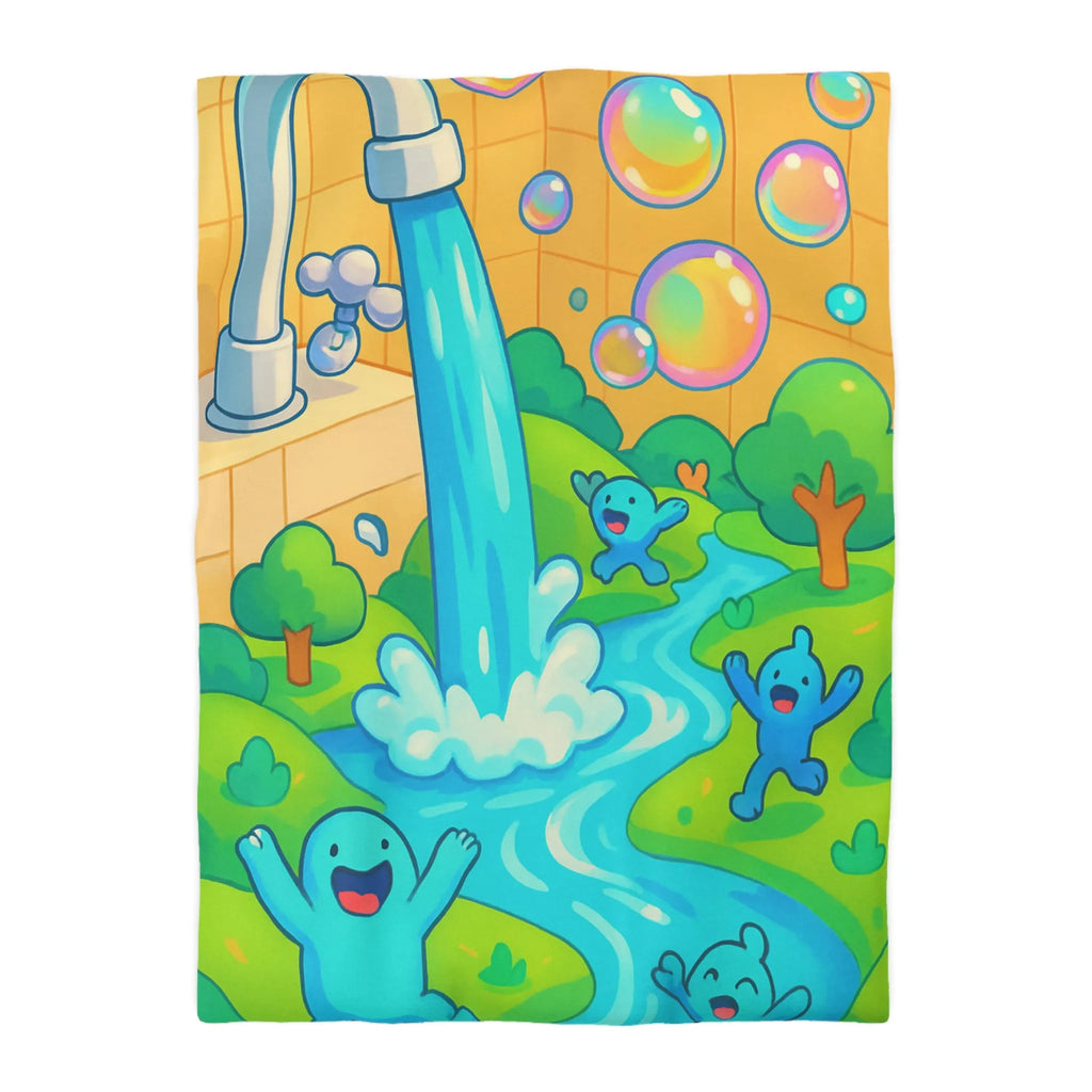 Housse de couette joyeuse avec créatures bleues, bulles et arc-en-ciel coloré