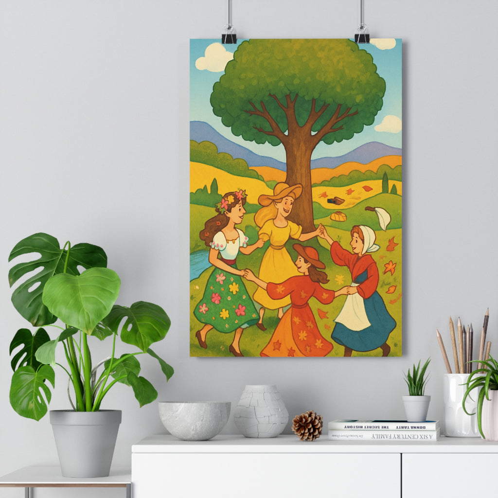 Poster décoratif provence traditionnel coloré vert jaune bleu joyeux chambre salon paysage nature femmes