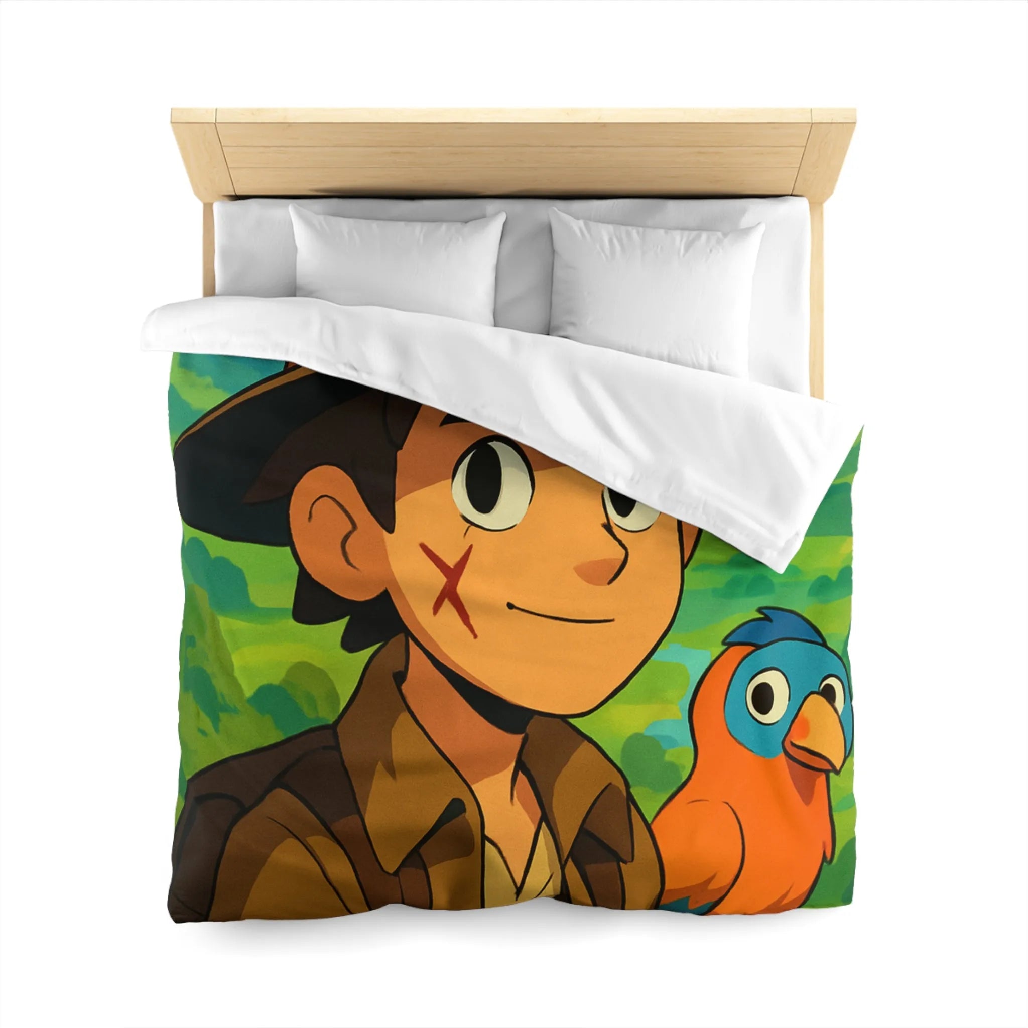 Housse de Couette Enfant Aventure Jungle avec Explorateur et Perroquet Coloré