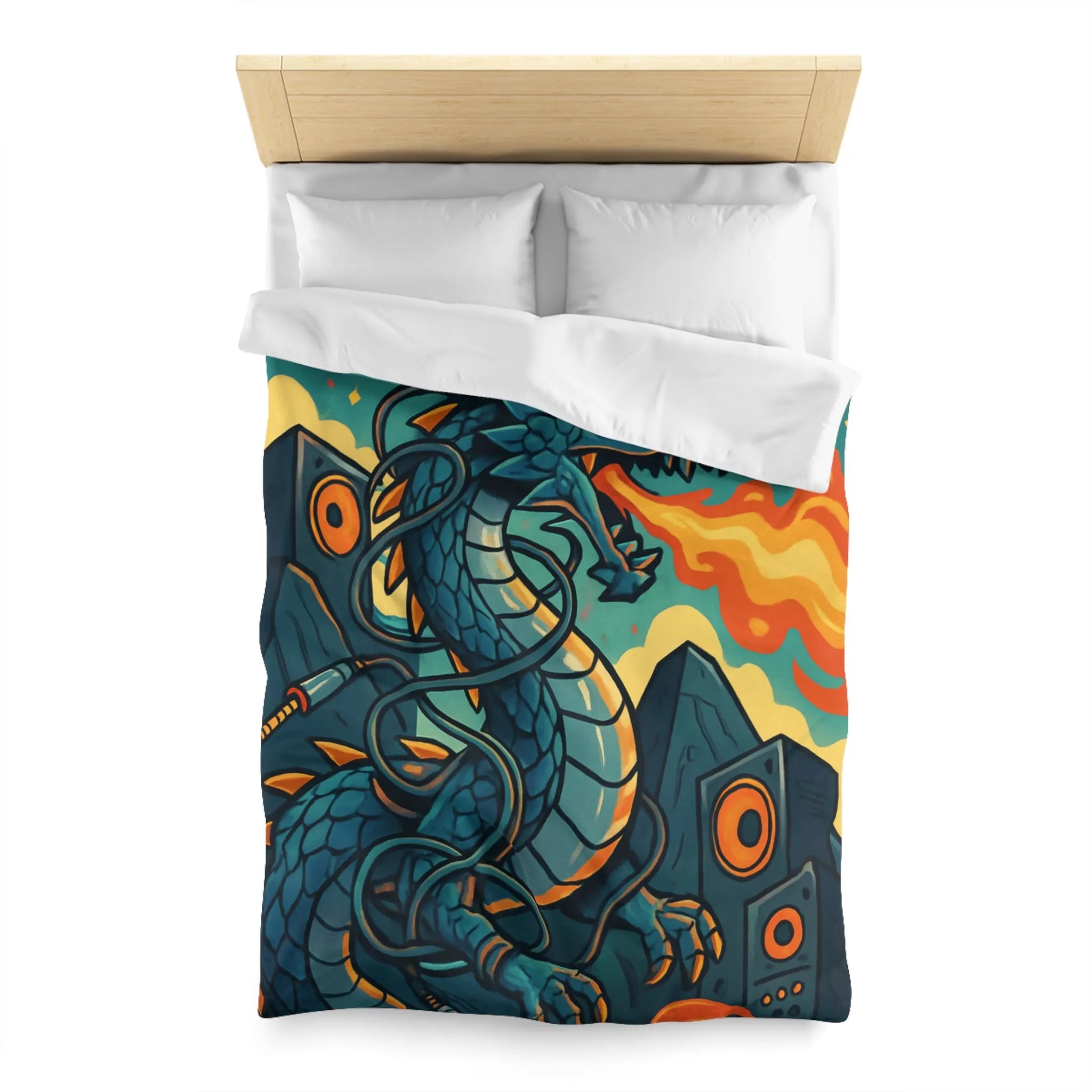 Housse de couette avec dragon fantaisie émettant flammes et musique vibrante rétro