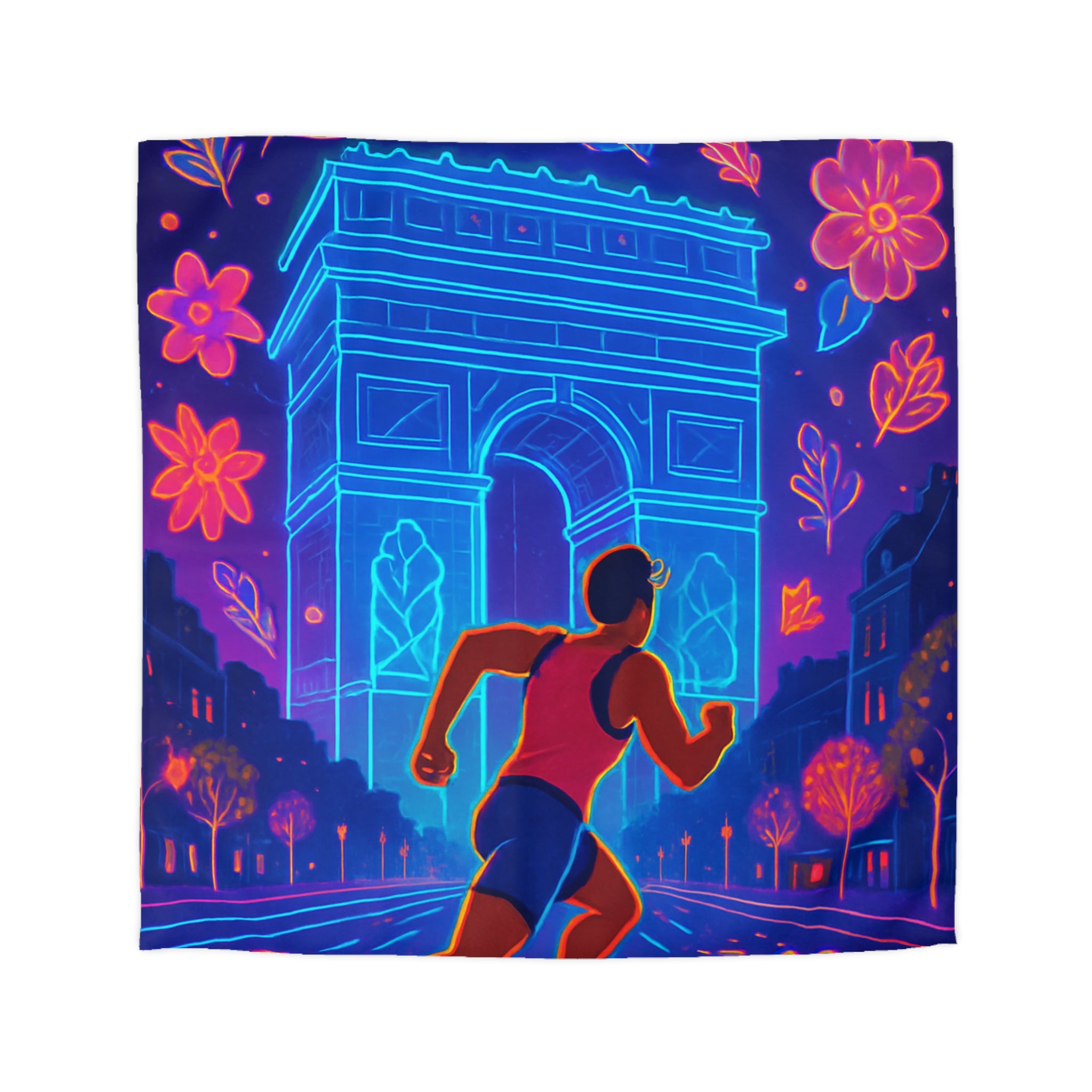 Housse de Couette Vibrante : Coureur Devant Monuments et Fleurs Scintillantes de Paris