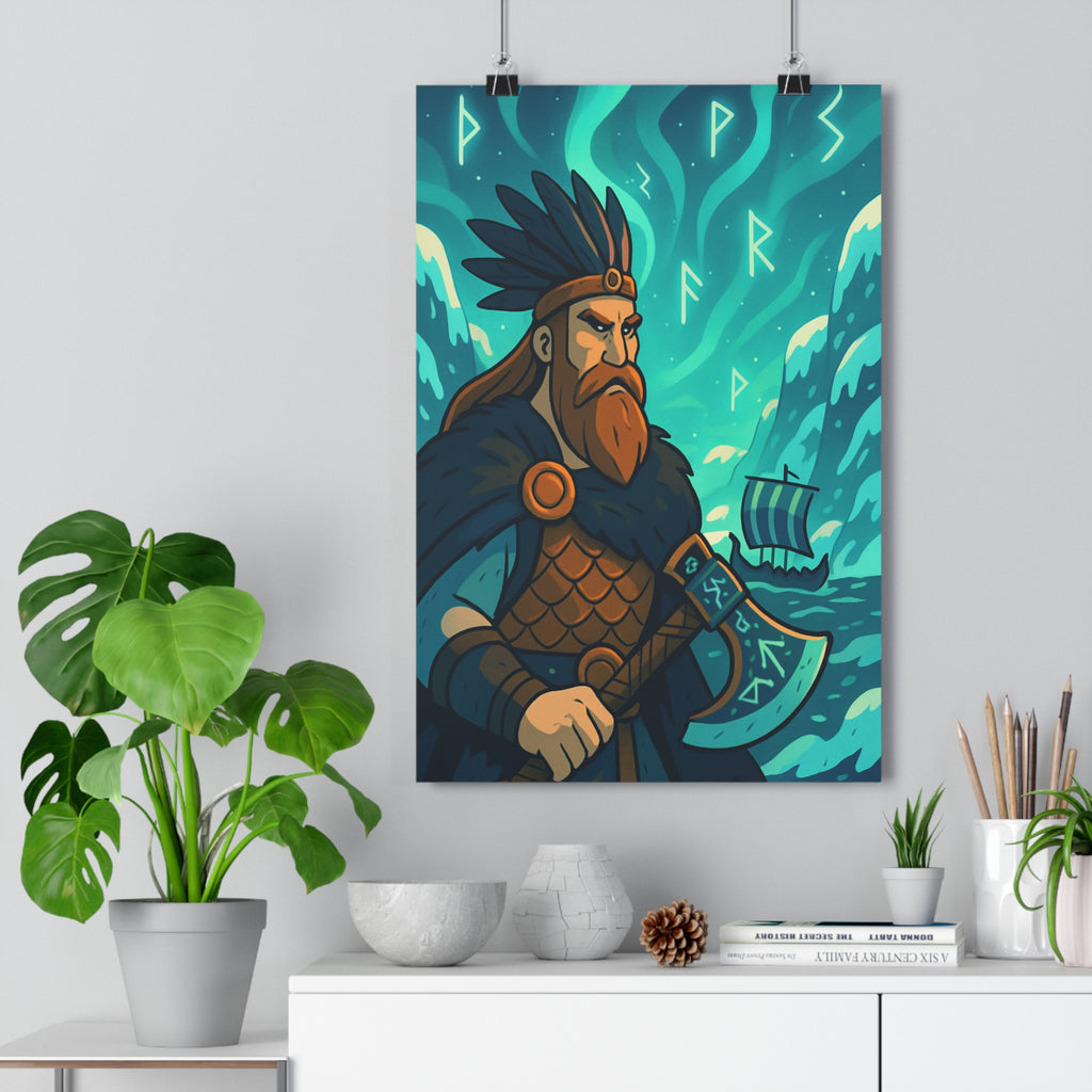 Poster décoratif épique guerrier nordique bleu vert mystique salon chambre bureau ambiance légendaire montagne