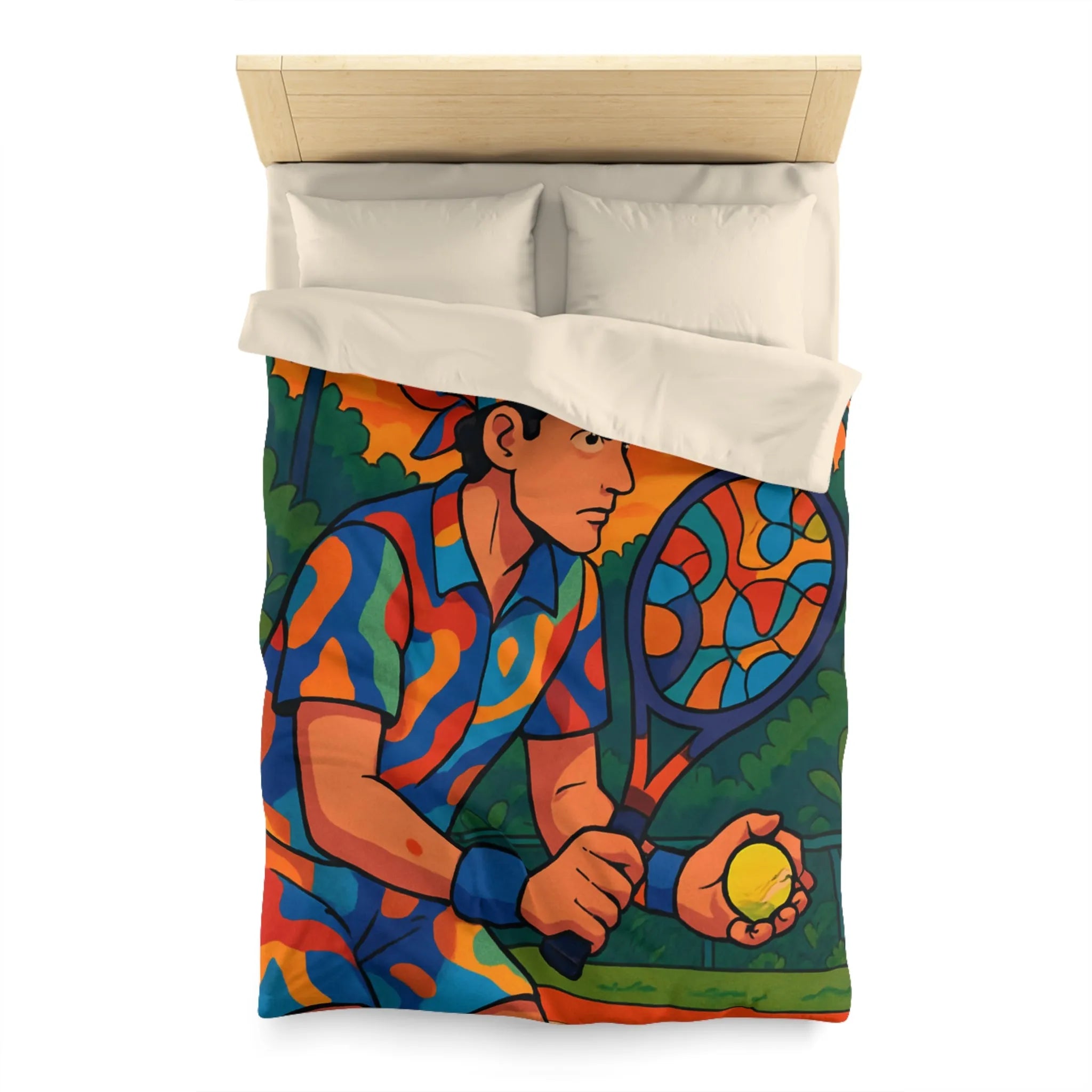 Housse de Couette Colorée Tennis Design Vibrant avec Joueur en Action et Palmiers