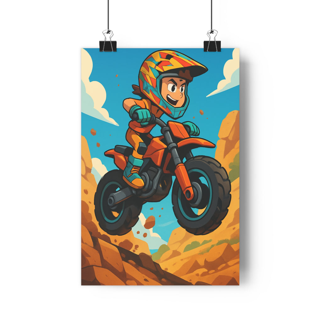 Poster décoratif cartoon motocross montagne aventure chambre enfant dynamique orange bleu style énergique moderne