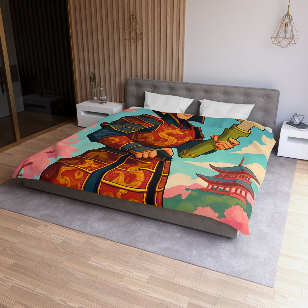 Housse de Couette Samouraï Japonais avec Armure Traditionnelle et Cerisiers en Fleurs