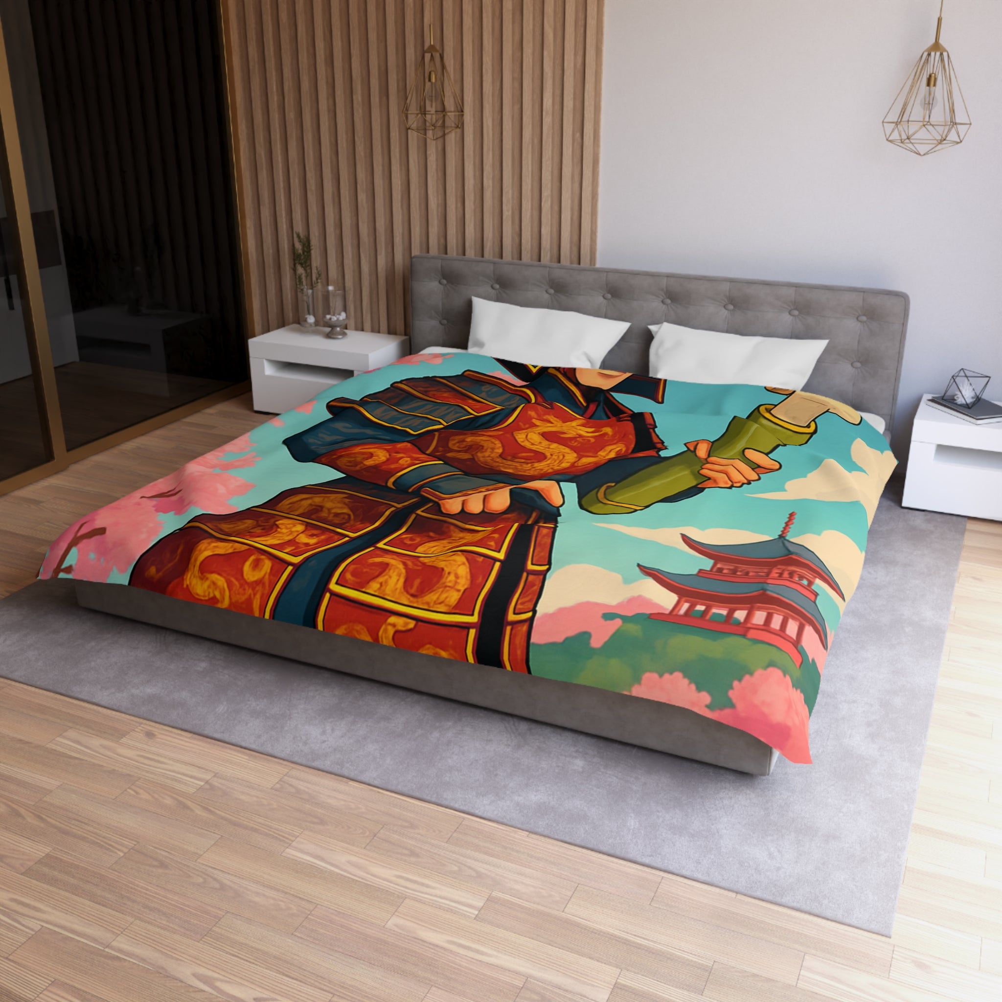 Housse de Couette Samouraï Japonais avec Armure Traditionnelle et Cerisiers en Fleurs