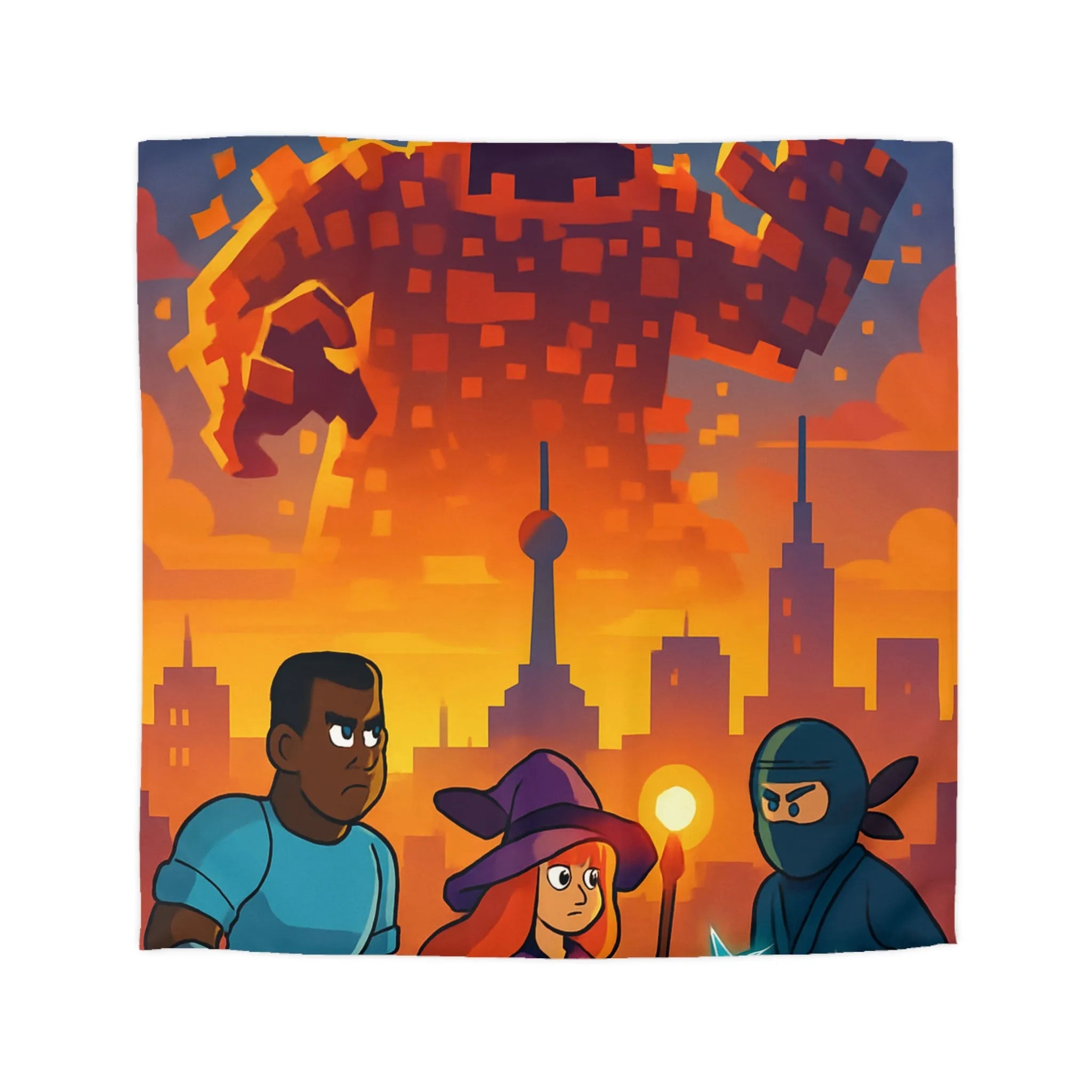 Housse de Couette Fantaisie : Héros Urbains Face à un Colosse Pixelisé Orange