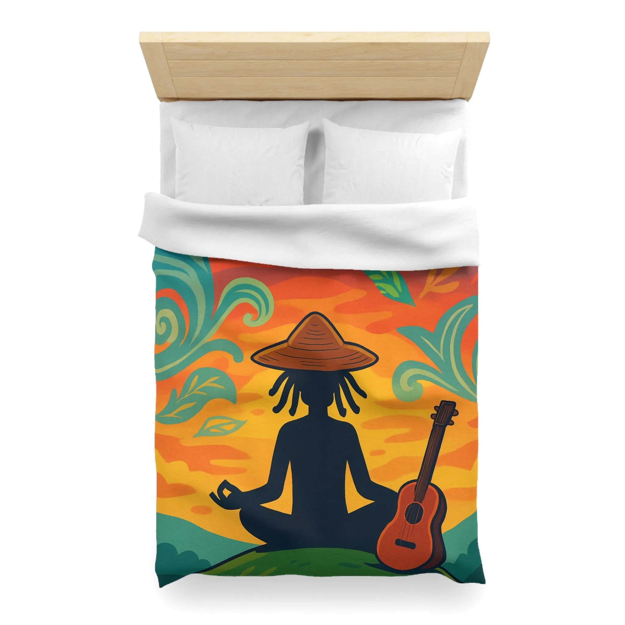 Housse de couette avec silhouette méditative et nature vibrante sous coucher de soleil coloré