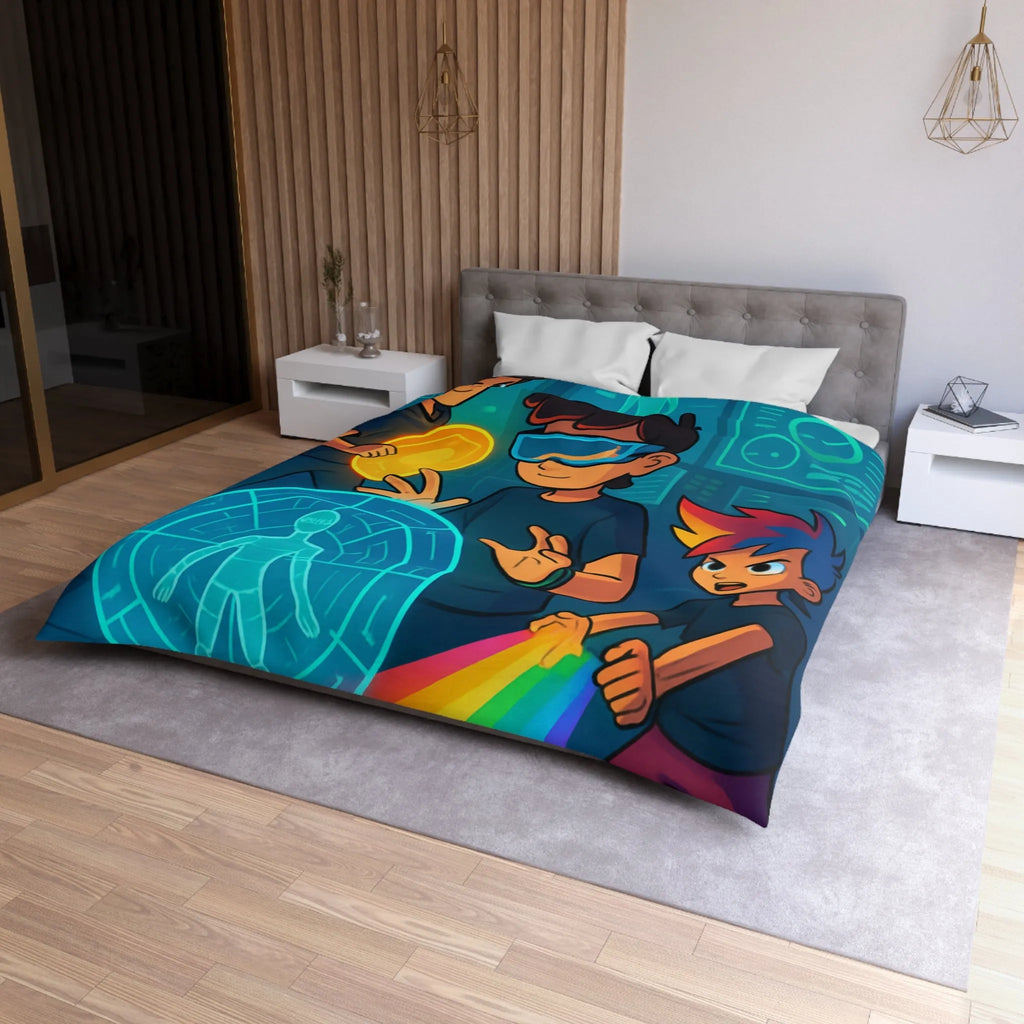 Housse de couette colorée avec enfants explorant un monde futuriste numérique et lumineux