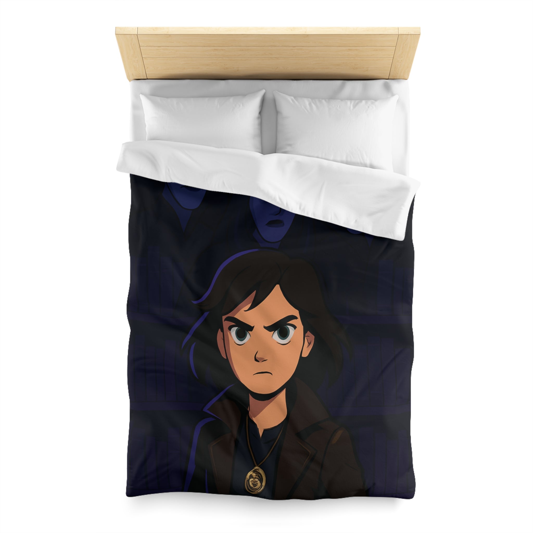 Housse de couette mystérieuse avec personnage sombre et biblio-thème style graphique