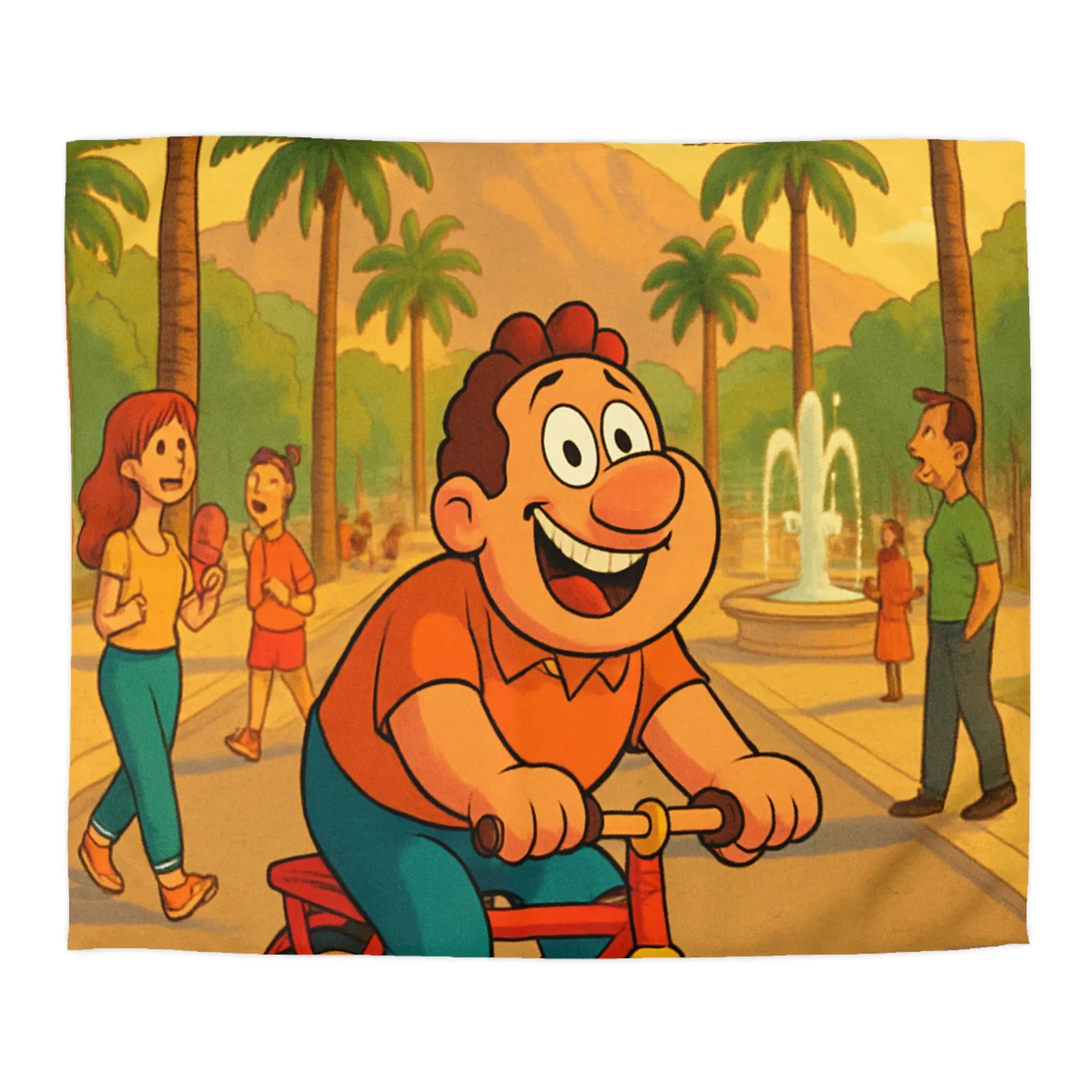 Housse de Couette Cartoon Joyeuse avec Cycliste dans un Parc Tropical et Fontaine