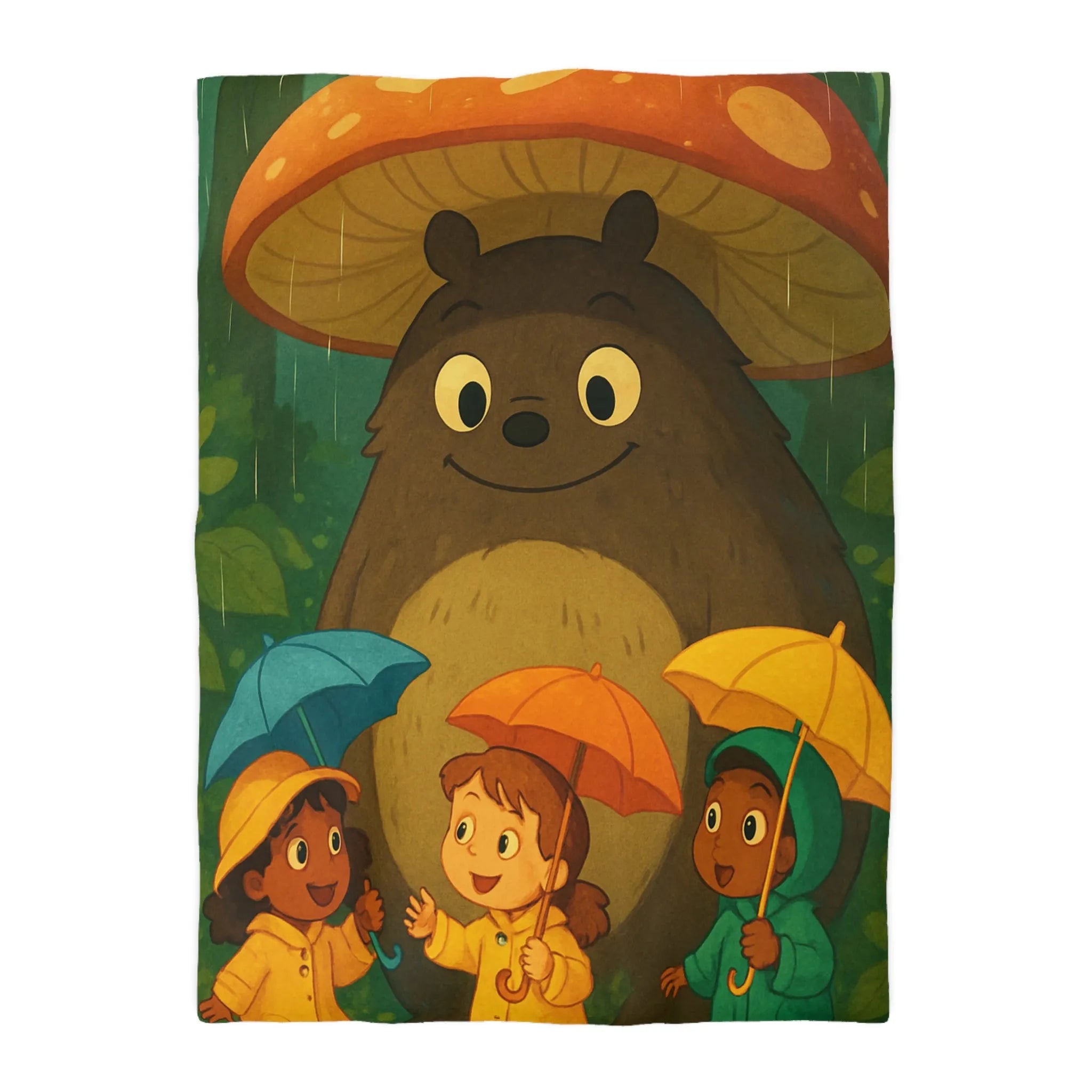 Housse de couette enfant avec ours sous champignon et enfants joyeux en forêt