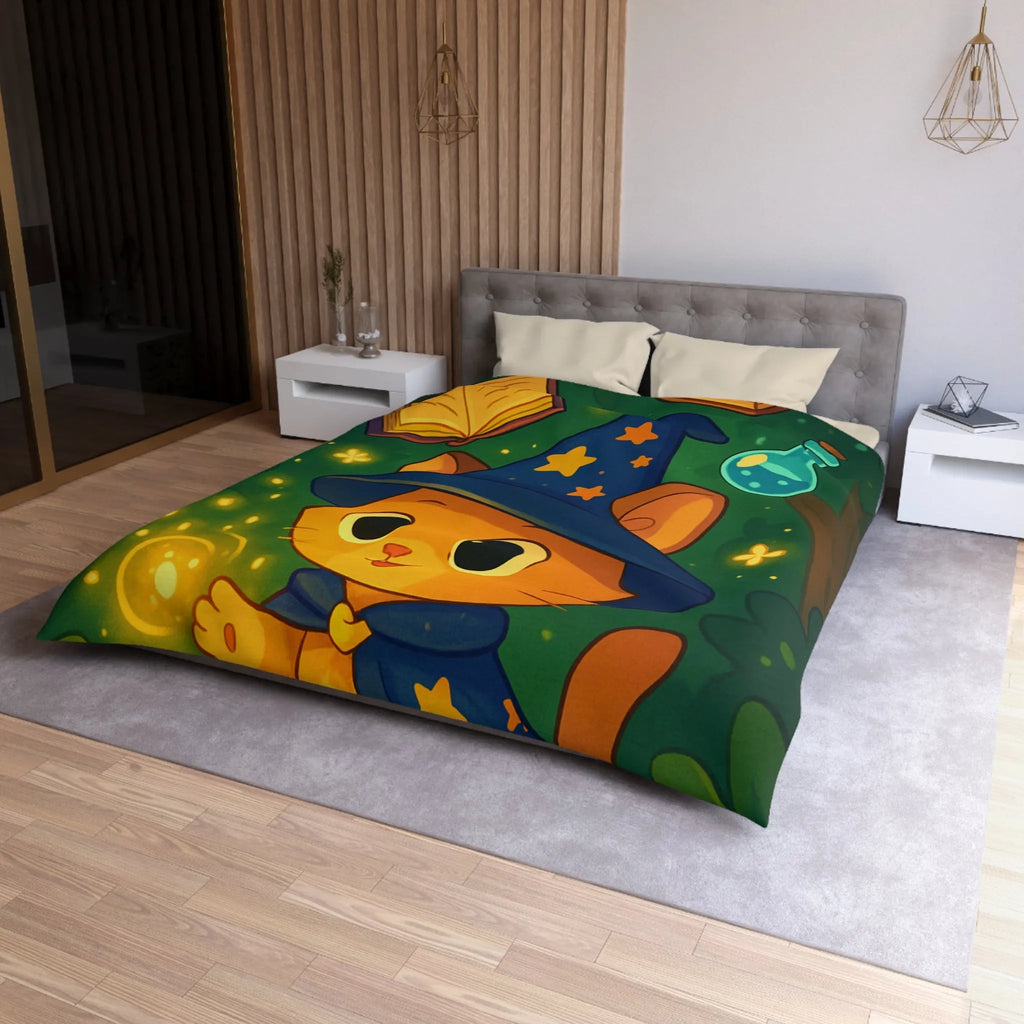 Housse de couette magique pour enfants avec chaton sorcier et forêt enchantée