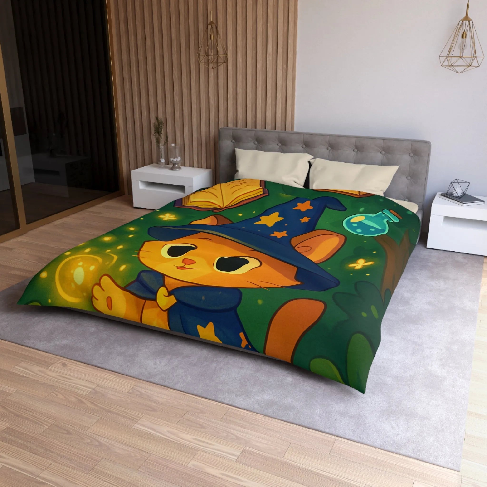 Housse de couette magique pour enfants avec chaton sorcier et forêt enchantée