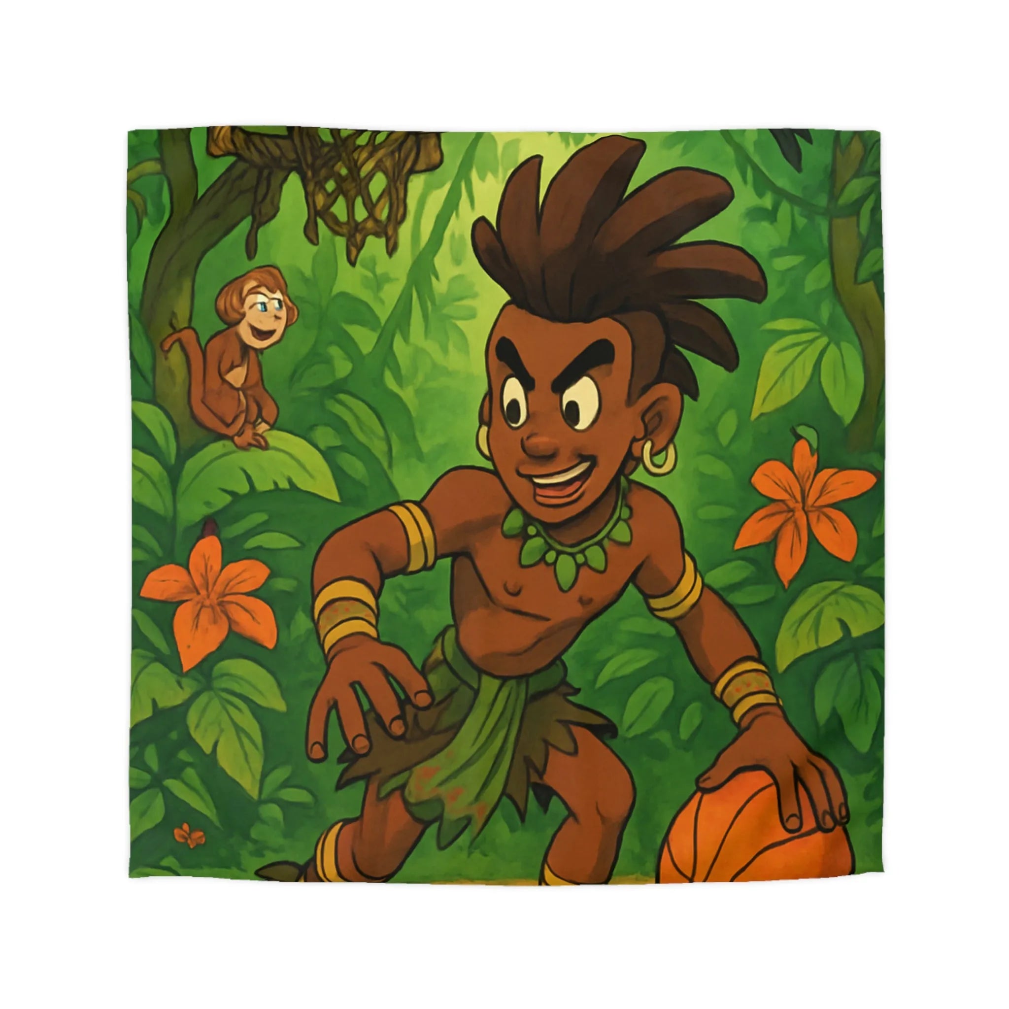 Housse de couette jungle avec garçon joueur de basket et animaux exotiques colorés