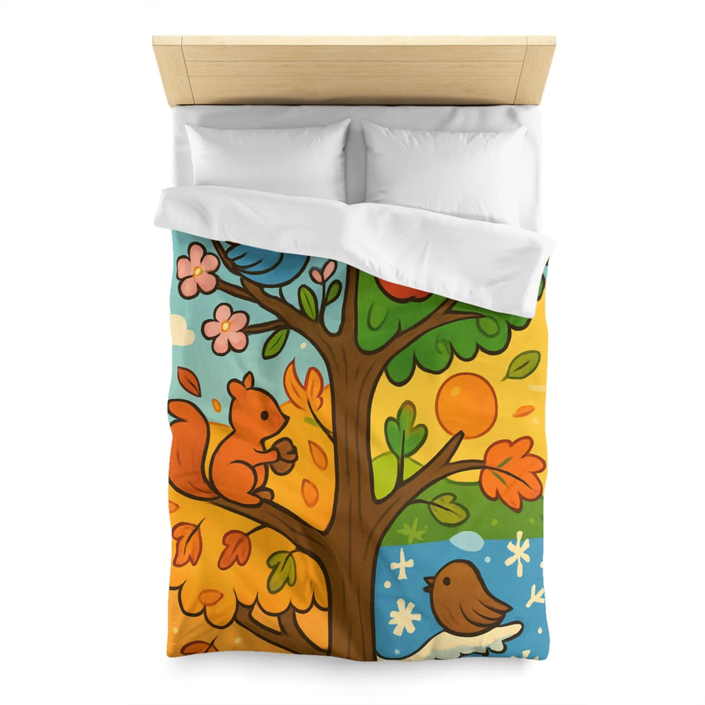 Housse de couette illustrée de l'arbre des quatre saisons avec nature et faune