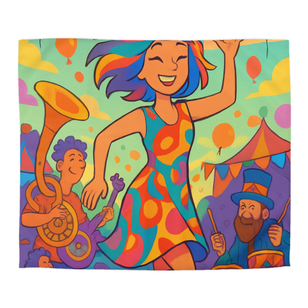 Housse de couette multicolore avec motif de fête joyeuse et personnages dansants