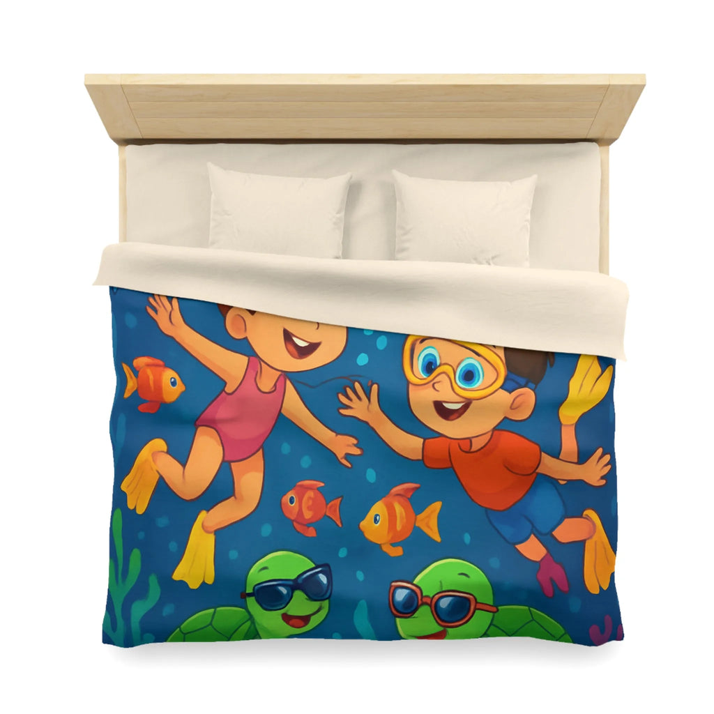 Housse de couette avec enfants nageant joyeusement dans océan vibrant avec animaux marins