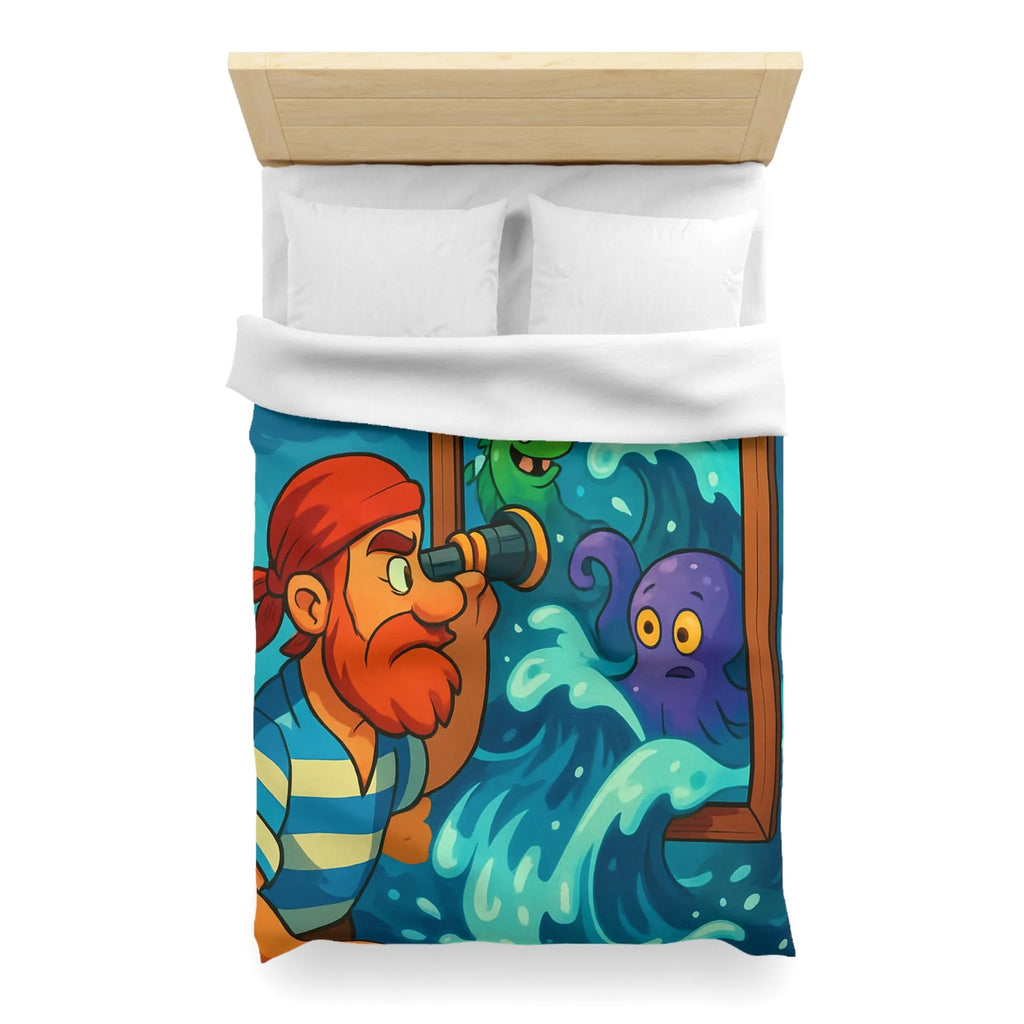 Housse de couette avec pirate observant créatures marines dans scène colorée et ludique