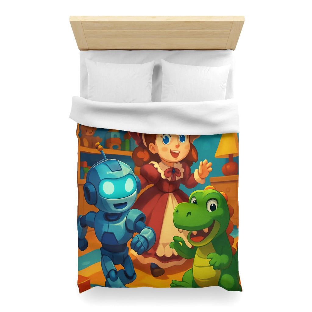 Housse de couette colorée avec robot, dinosaure et poupée en chambre enfantine
