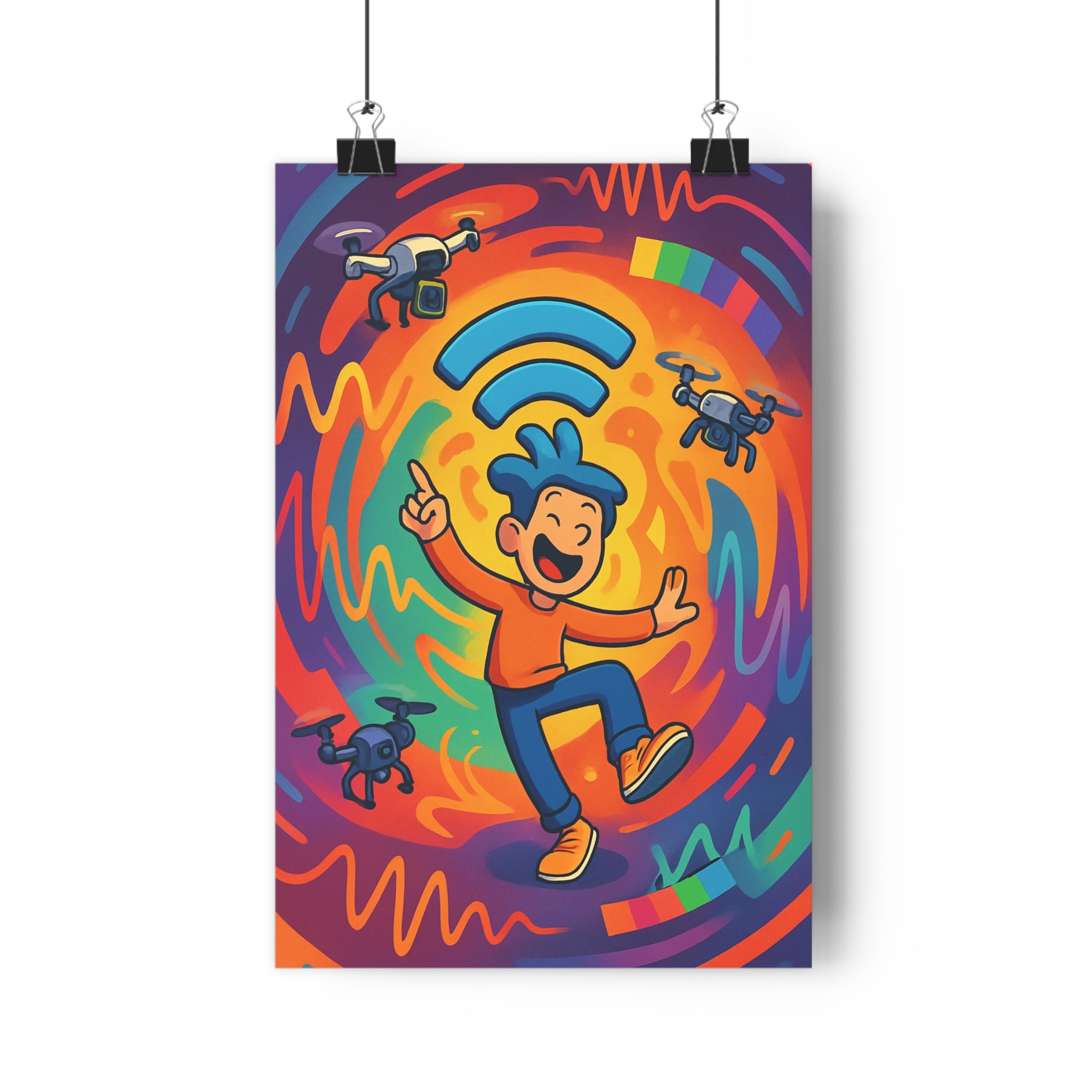 Poster décoratif moderne dynamique violet orange vert bureau joyeux technologie personnage cheveux drones ambiance