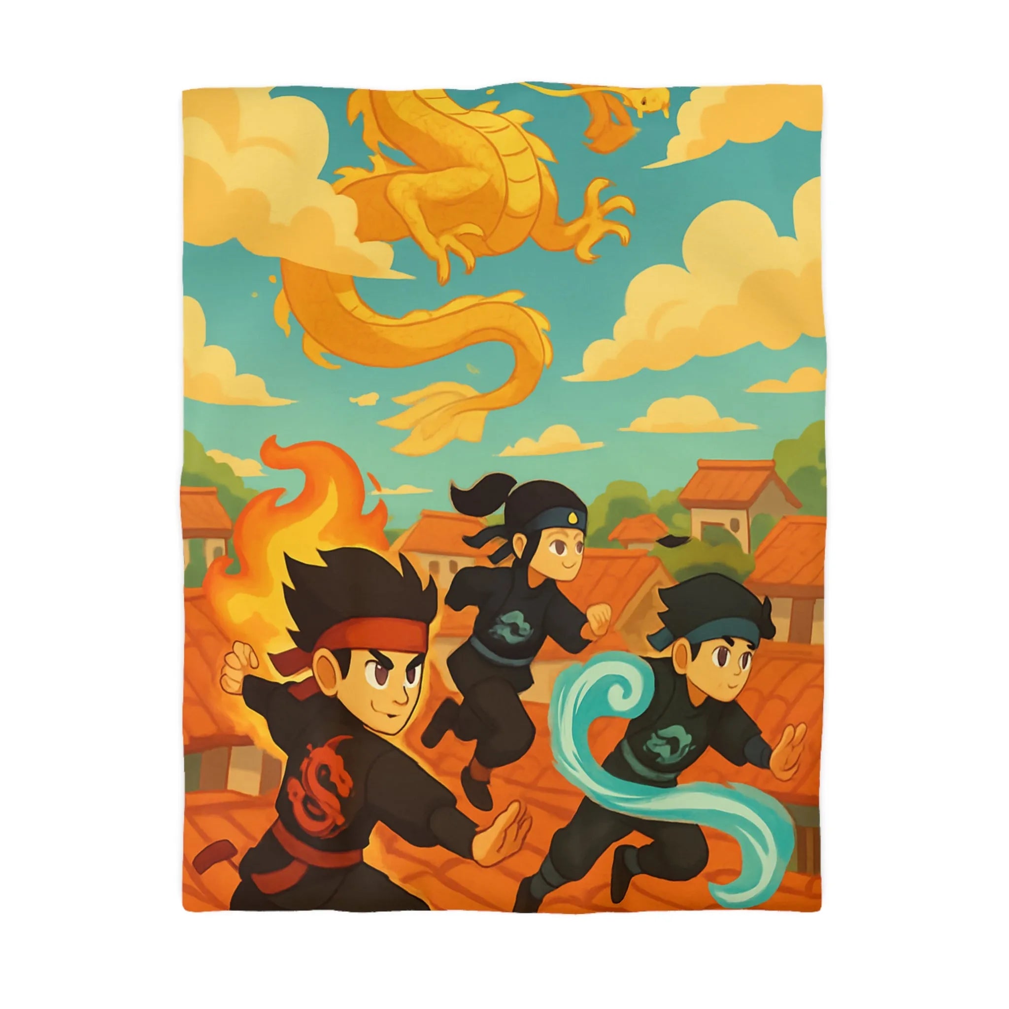 Housse de couette avec ninjas sautant et dragon doré dans un ciel ensoleillé