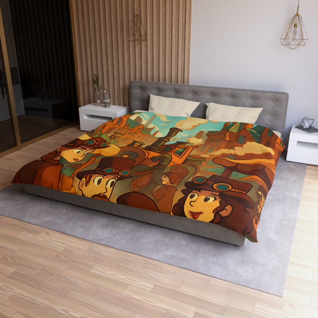 Housse de couette steampunk rétro avec famille, dirigeables et ville victorienne animée