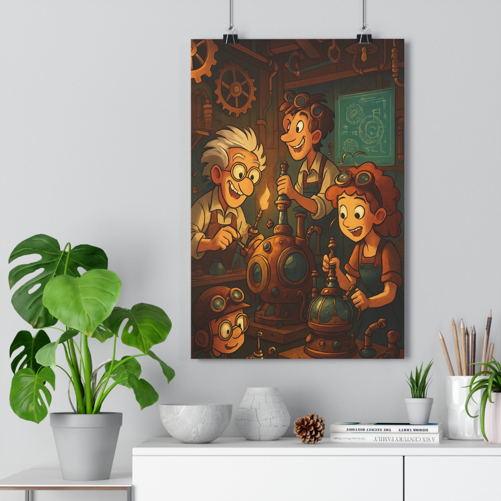 Poster décoratif steampunk cartoon brun bleu joyeux chambre enfant mécanique créatif inventif 30x46 ambiance