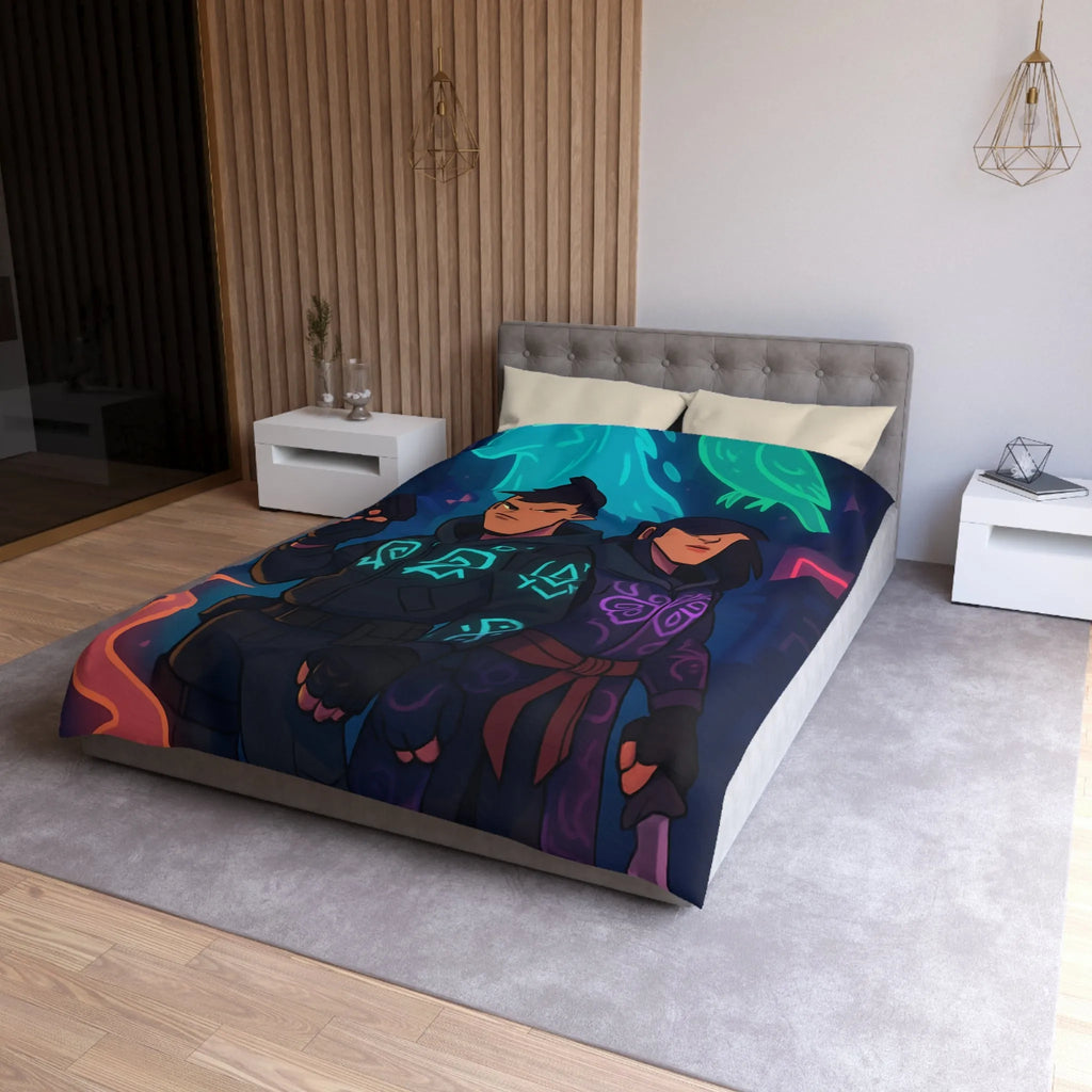 Housse de couette avec motifs mystiques de loup et hibou luminescents en néon urbain