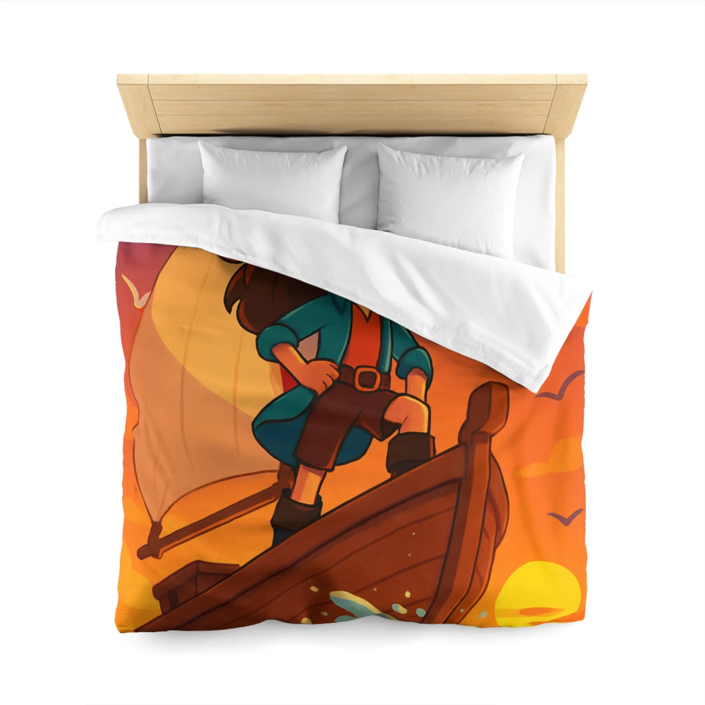 Housse de couette enfant motif pirate aventure en mer avec coucher de soleil vibrant