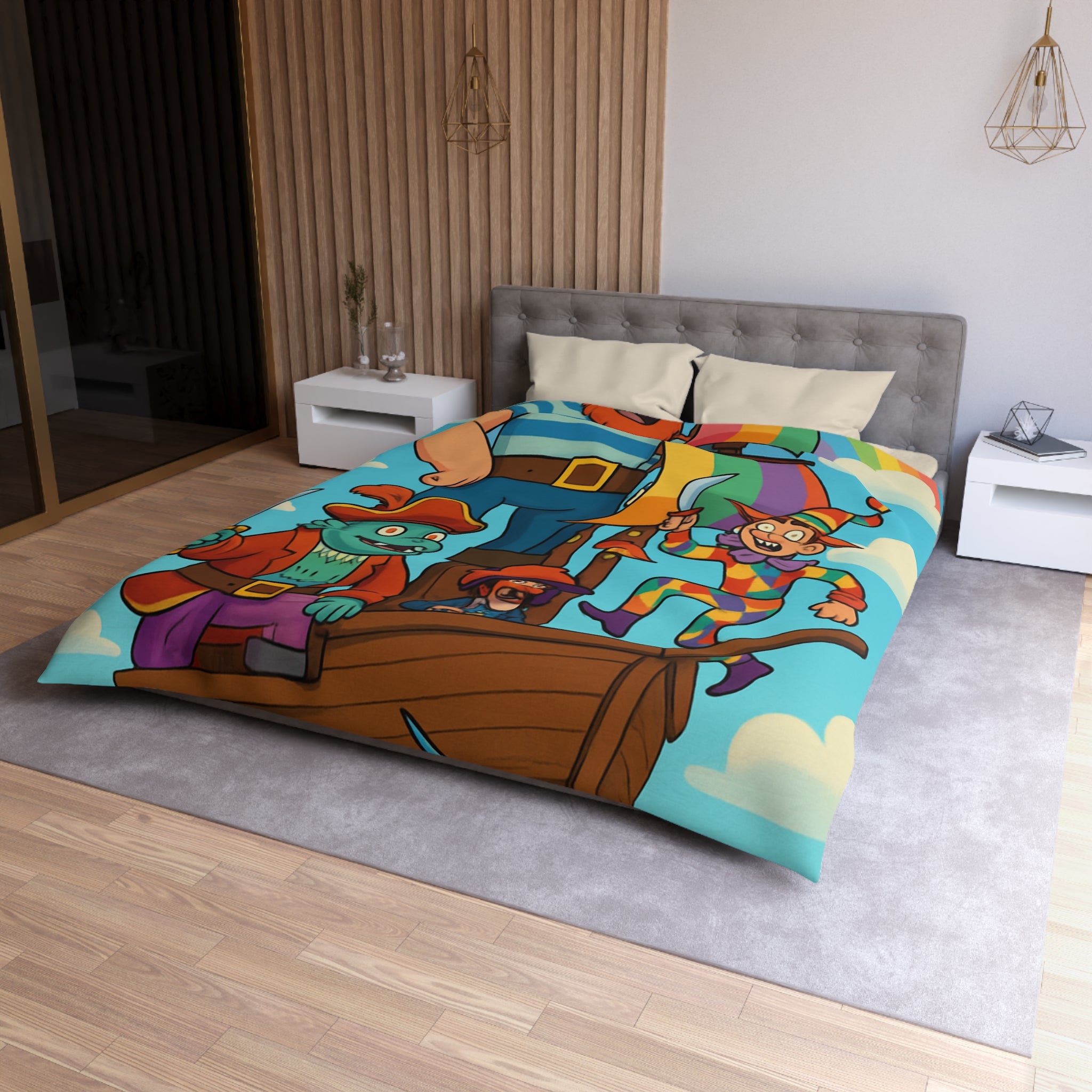 Housse de couette pirate joyeux arc-en-ciel colorée avec bateau pour enfant chambre