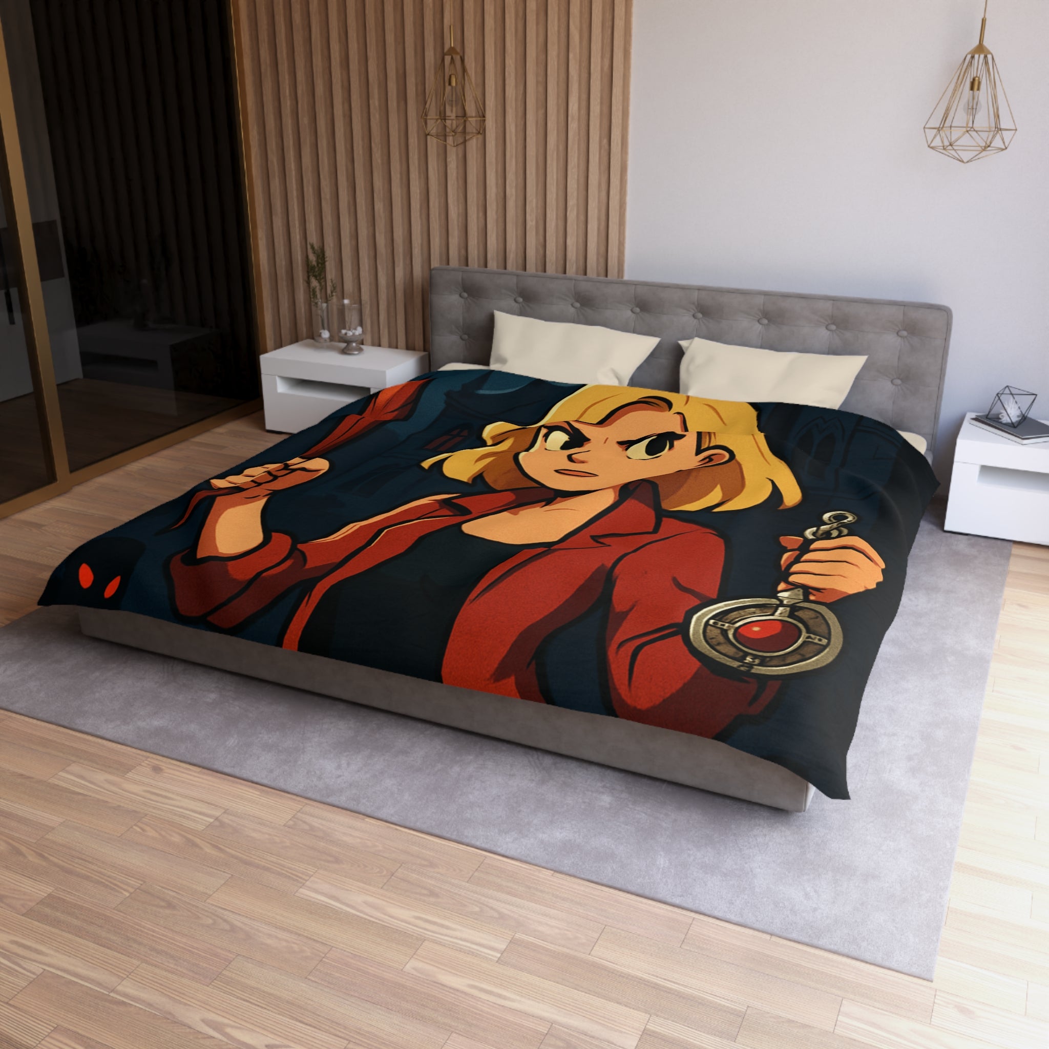 Housse de couette mystérieuse avec scène de château effrayant, pleine lune et silhouette combattive