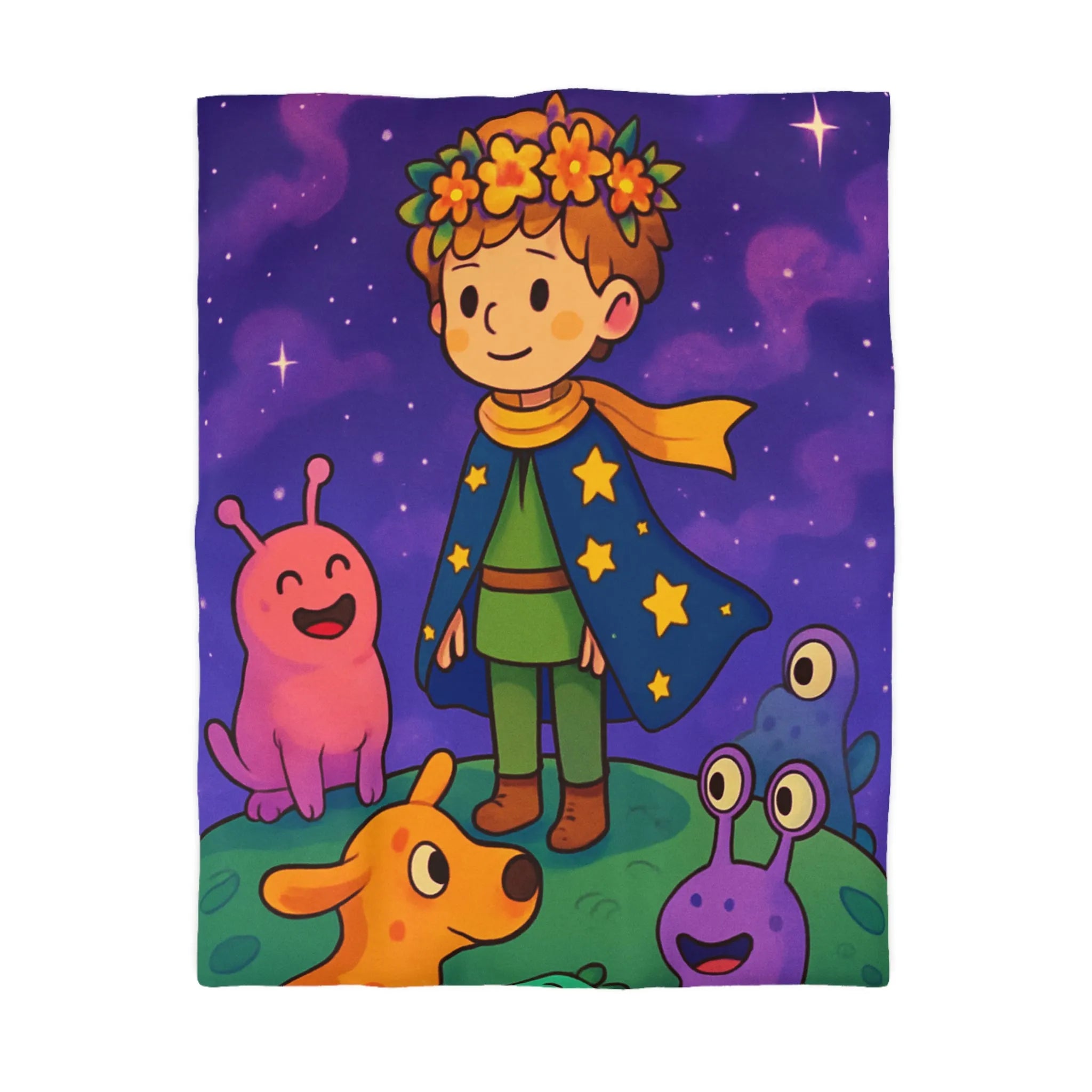 Housse de Couette Colorée Enfantine avec Enfant et Créatures sous Ciel Étoilé