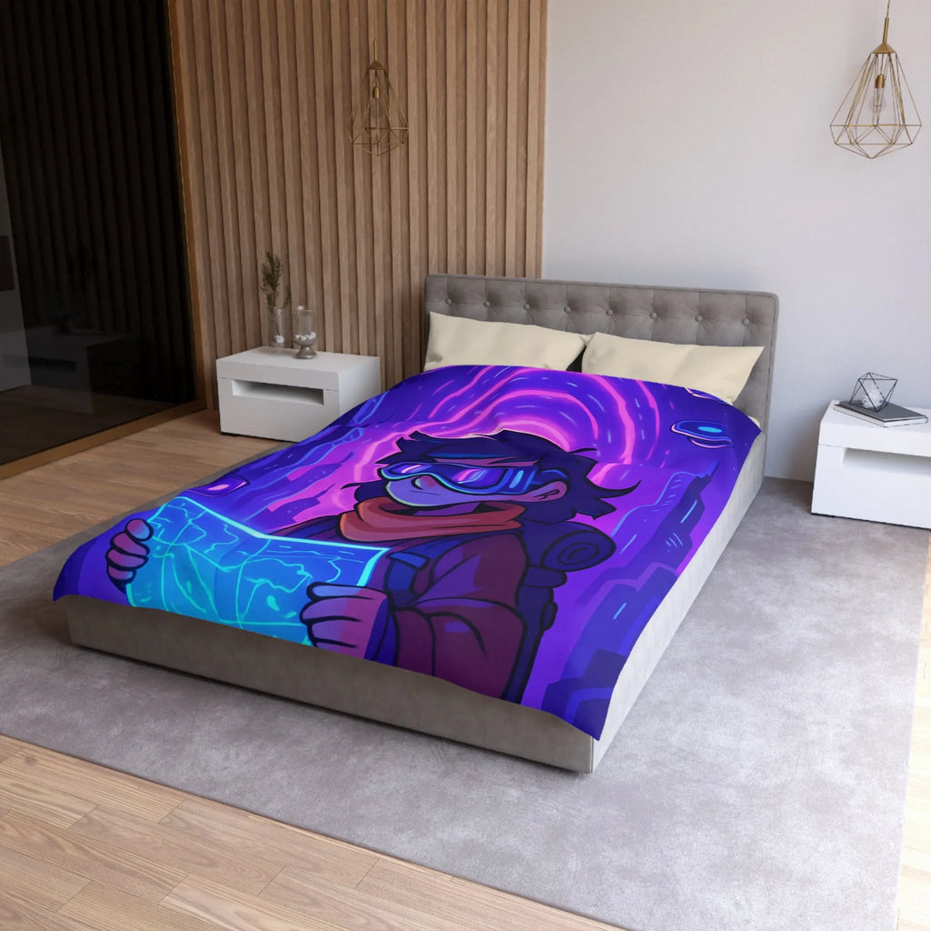 Housse de couette bleue violette style futuriste avec personnage et carte néon