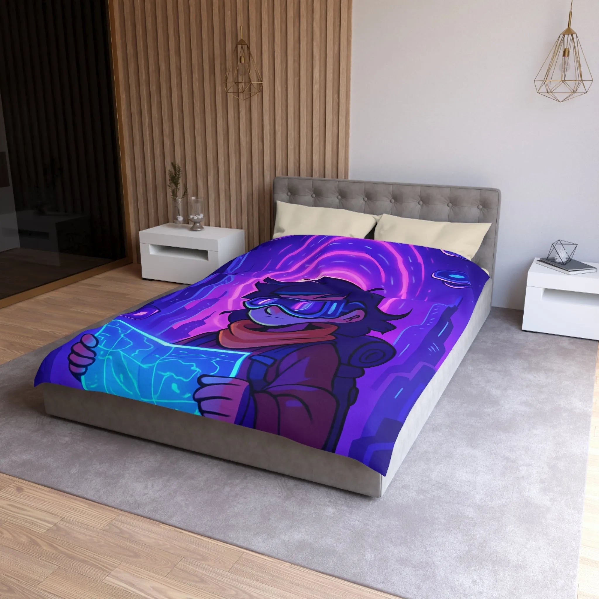 Housse de couette bleue violette style futuriste avec personnage et carte néon