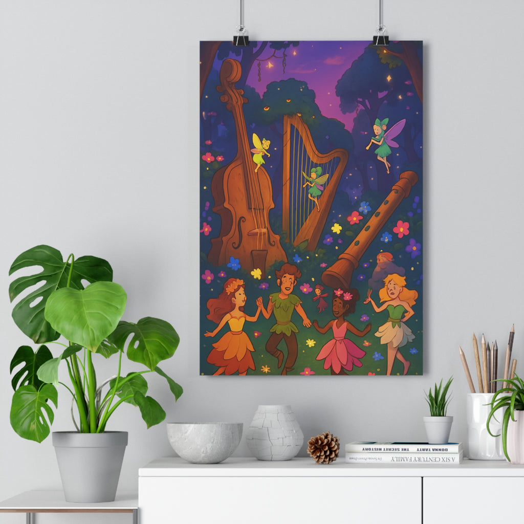 Poster décoratif féerique dessin animé forêt magique fées instruments musique couleurs vives joyeux chambre