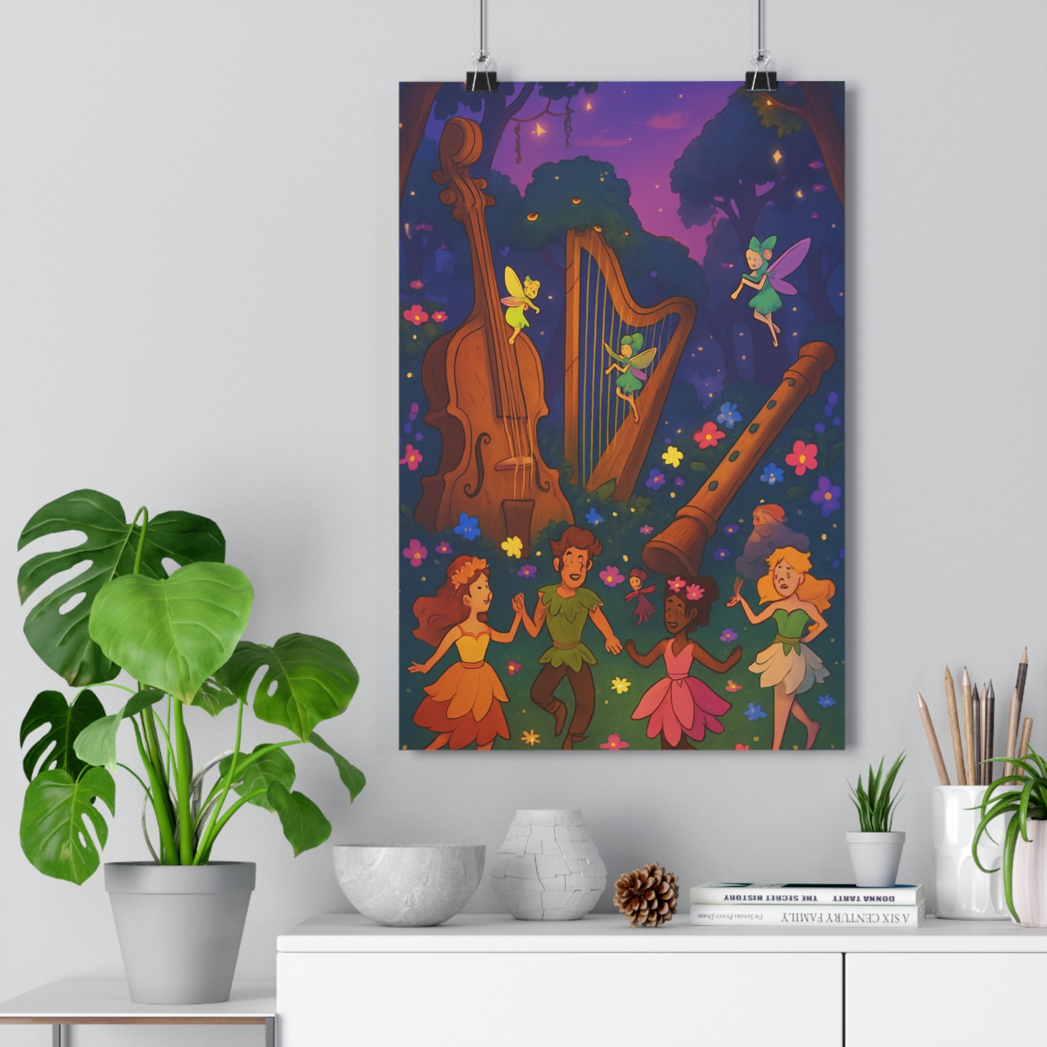 Poster décoratif féerique dessin animé forêt magique fées instruments musique couleurs vives joyeux chambre