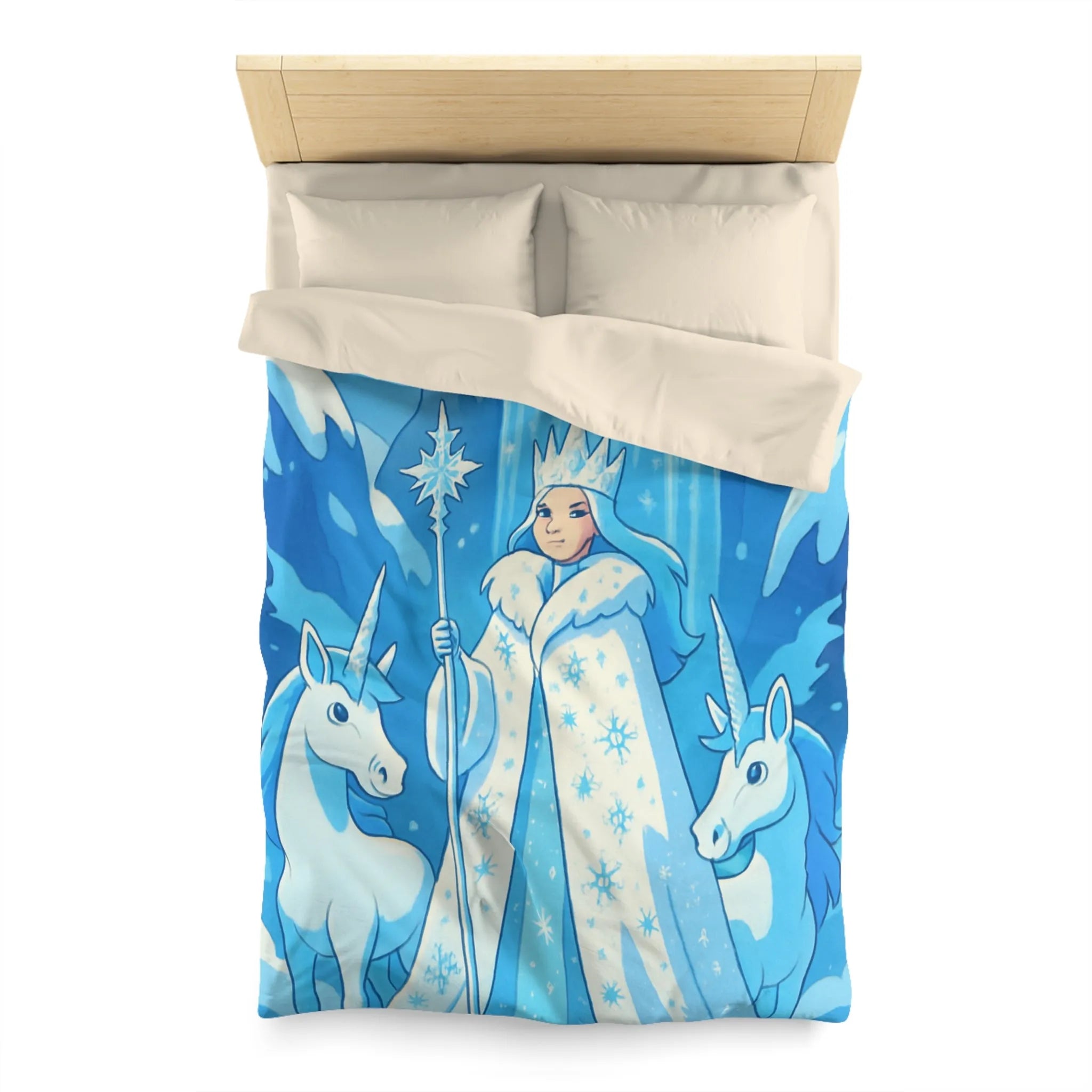 Housse de couette féerique avec reine des neiges, licornes et cascade magique