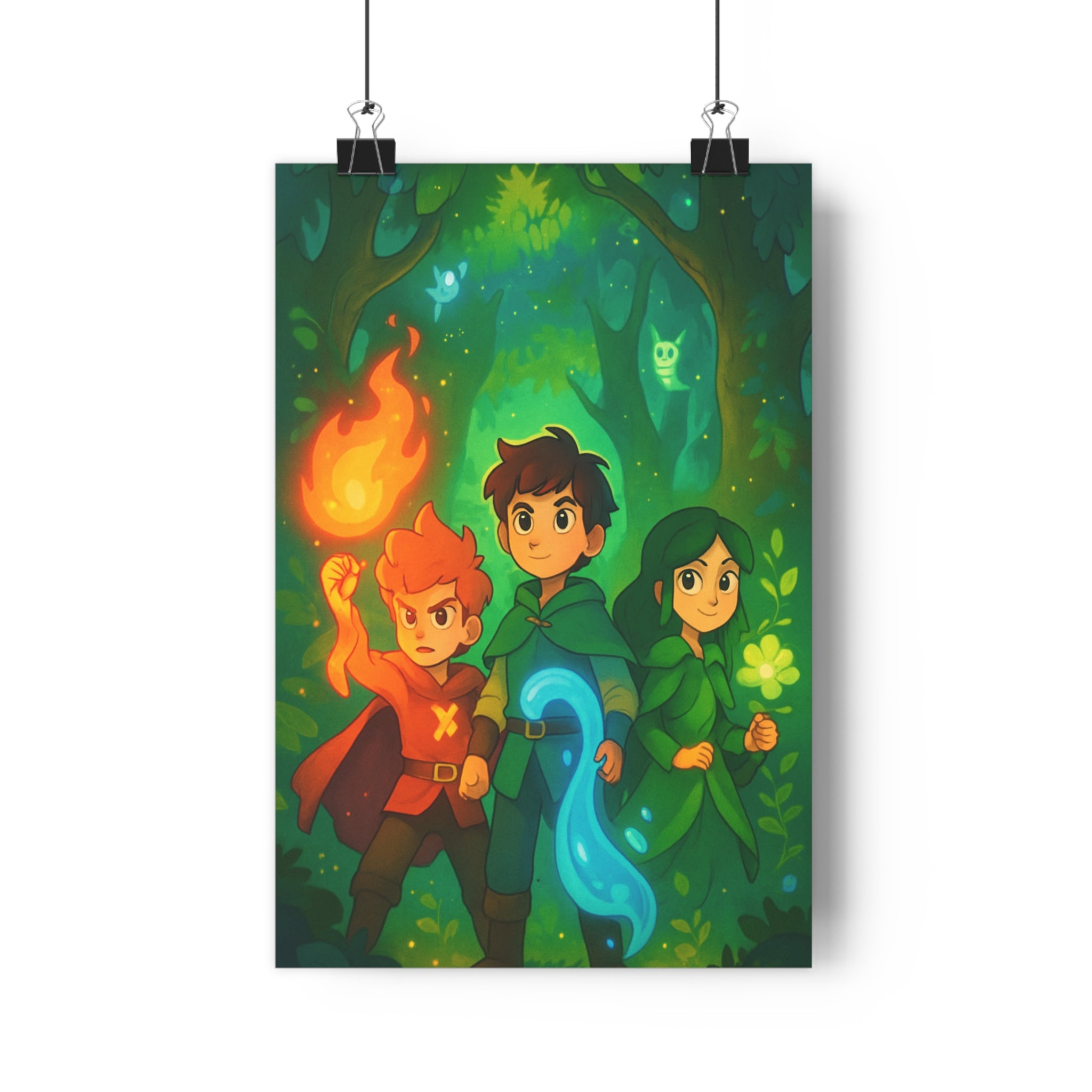 Poster décoratif fantasy enfant chambre magique mystique aventure forêt verte rouge flamme cape feuilles