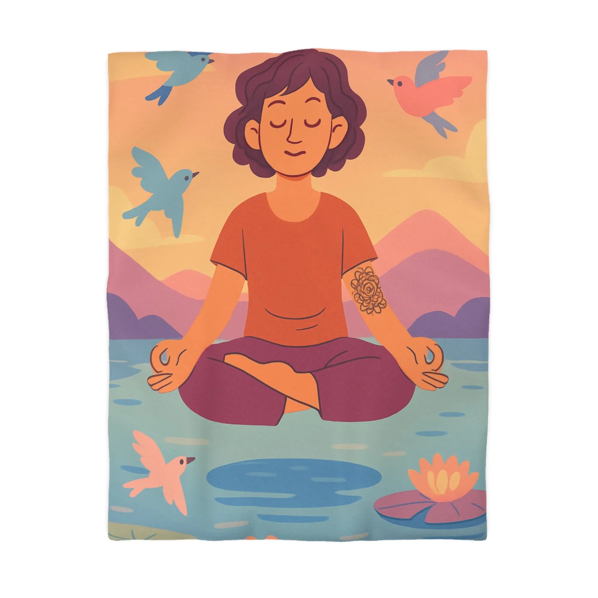 Housse de couette méditative avec motifs paisibles de nature et oiseaux colorés