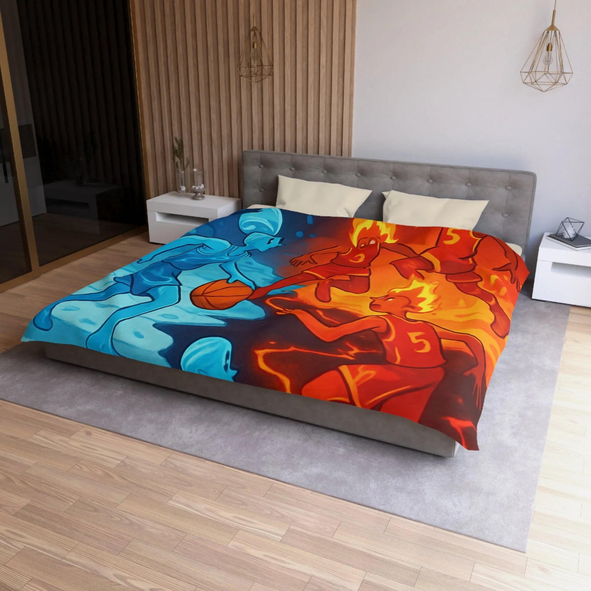 Housse de couette avec design artistique de basketball feu et glace spectaculaire
