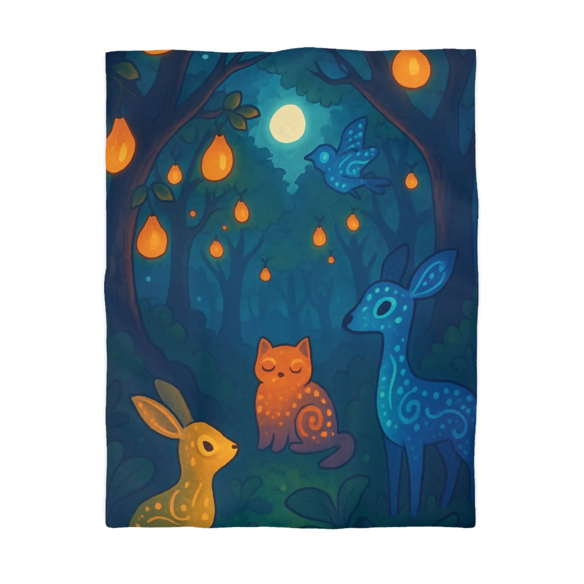 Housse de couette féerique avec animaux et forêt illuminée de lanternes magiques