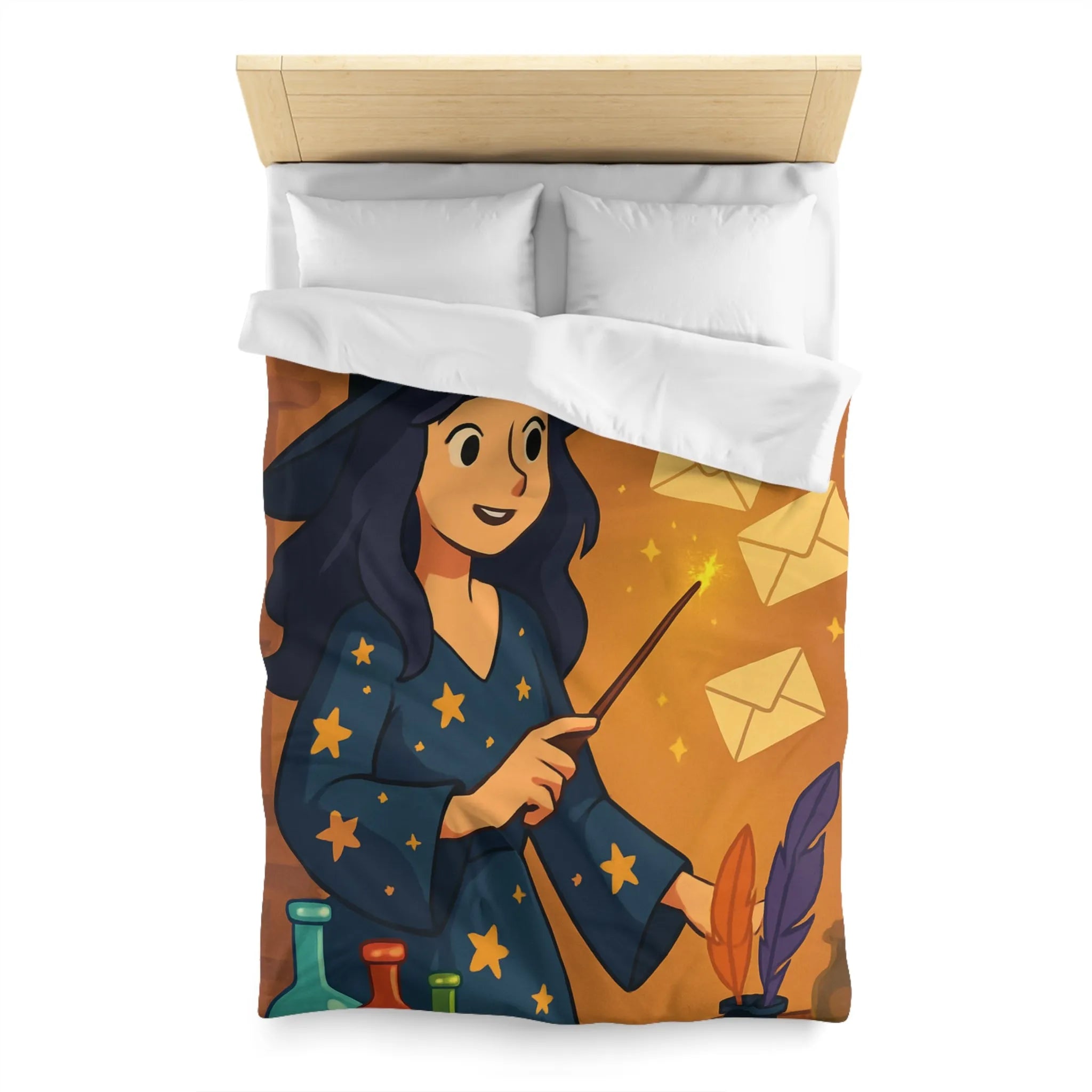 Housse de couette magique avec apprentie sorcière, quill et enveloppes flottantes animées