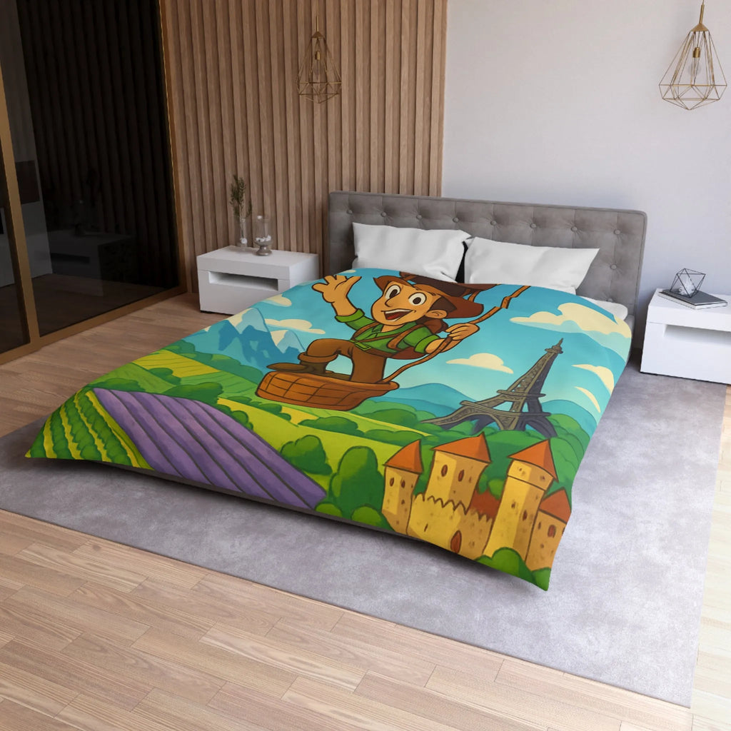 Charmant voyageur en montgolfière surplombant paysages français, champs et monuments emblématiques