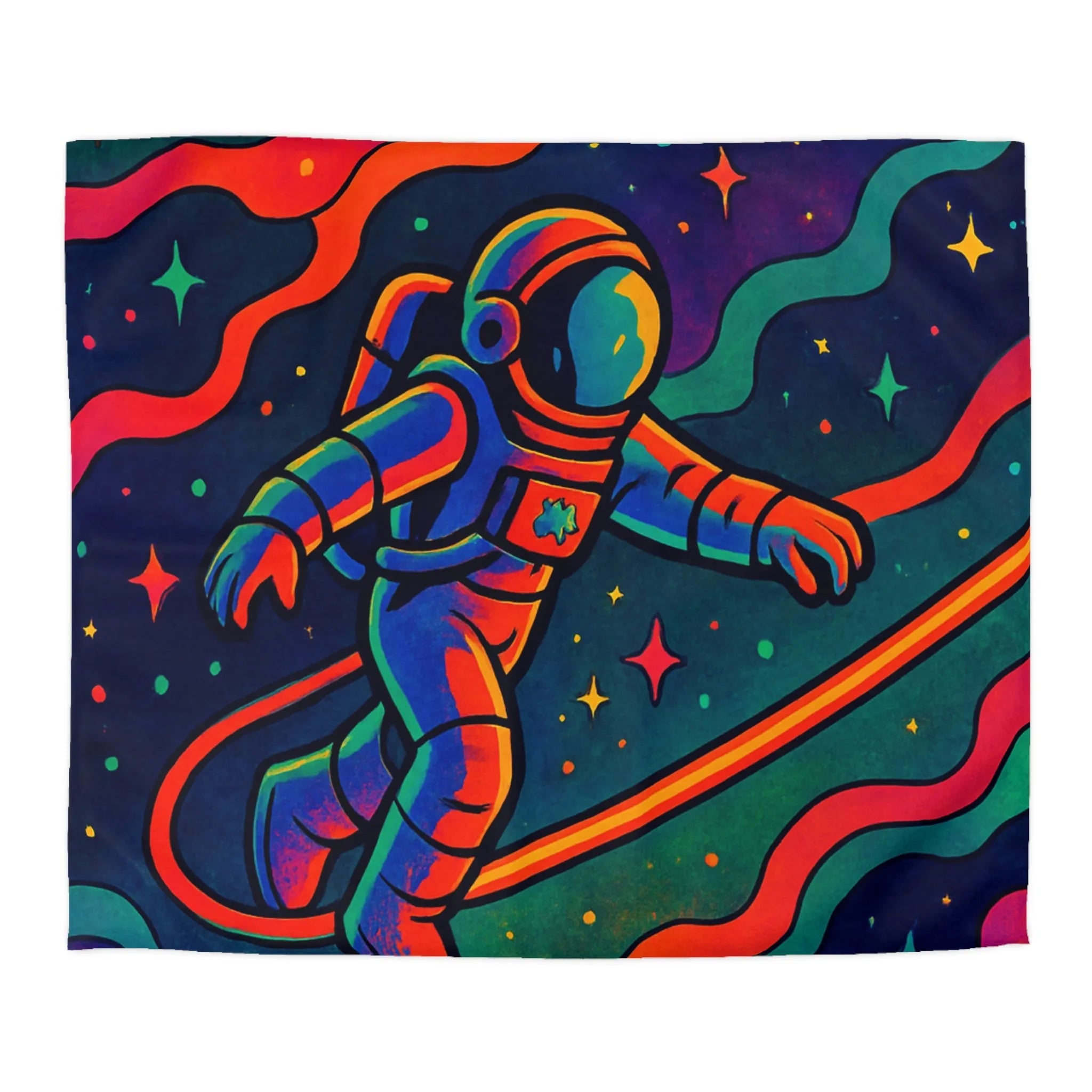 Housse de couette astronaute flottant dans un cosmos aux couleurs psychédéliques vibrantes