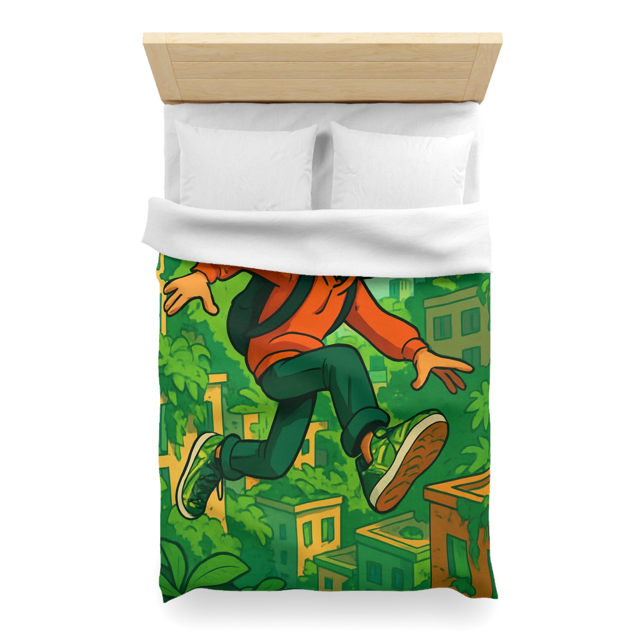 Housse de Couette Motif Urbain Vert avec Garçon Aventurier en Tenue Décontractée