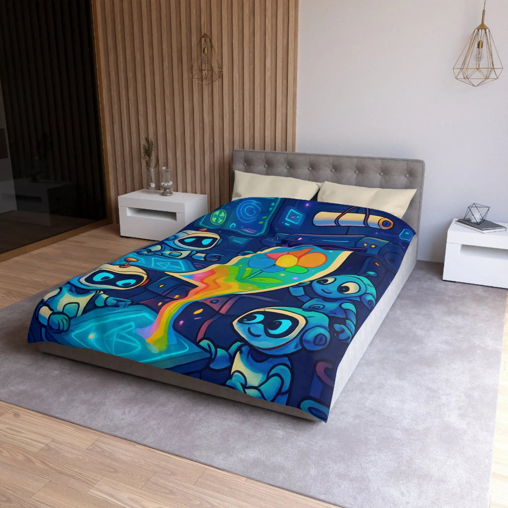 Drôles de robots imprimant une fleur colorée dans un atelier futuriste lumineux