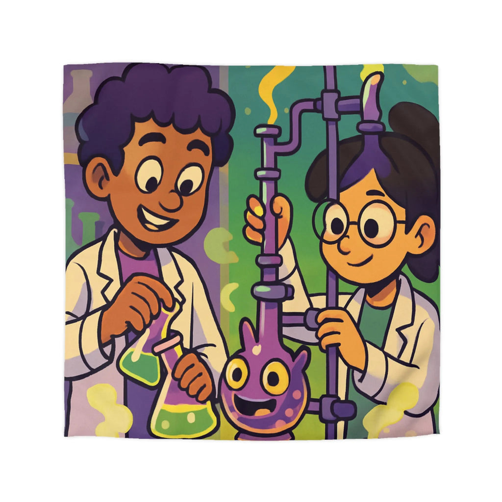 Housse de couette colorée avec deux scientifiques animés et expériences chimiques ludiques
