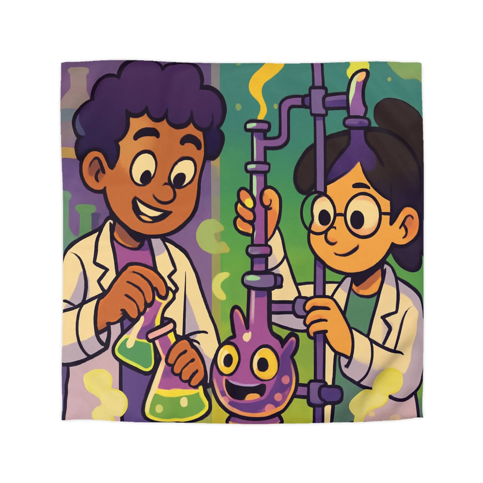 Housse de couette colorée avec deux scientifiques animés et expériences chimiques ludiques